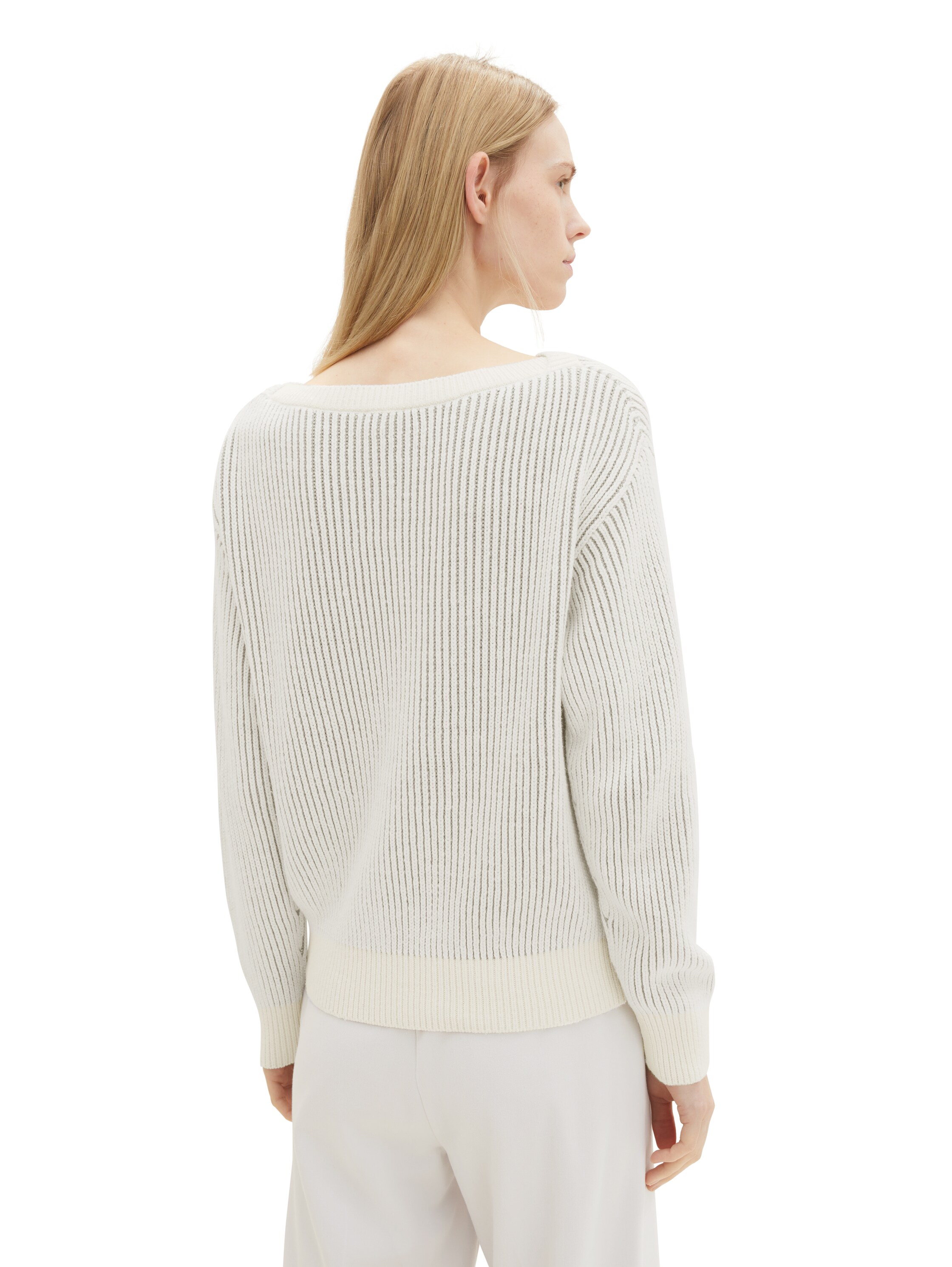 Strickpullover mit U-Boot Ausschnitt - offwhite grey structure