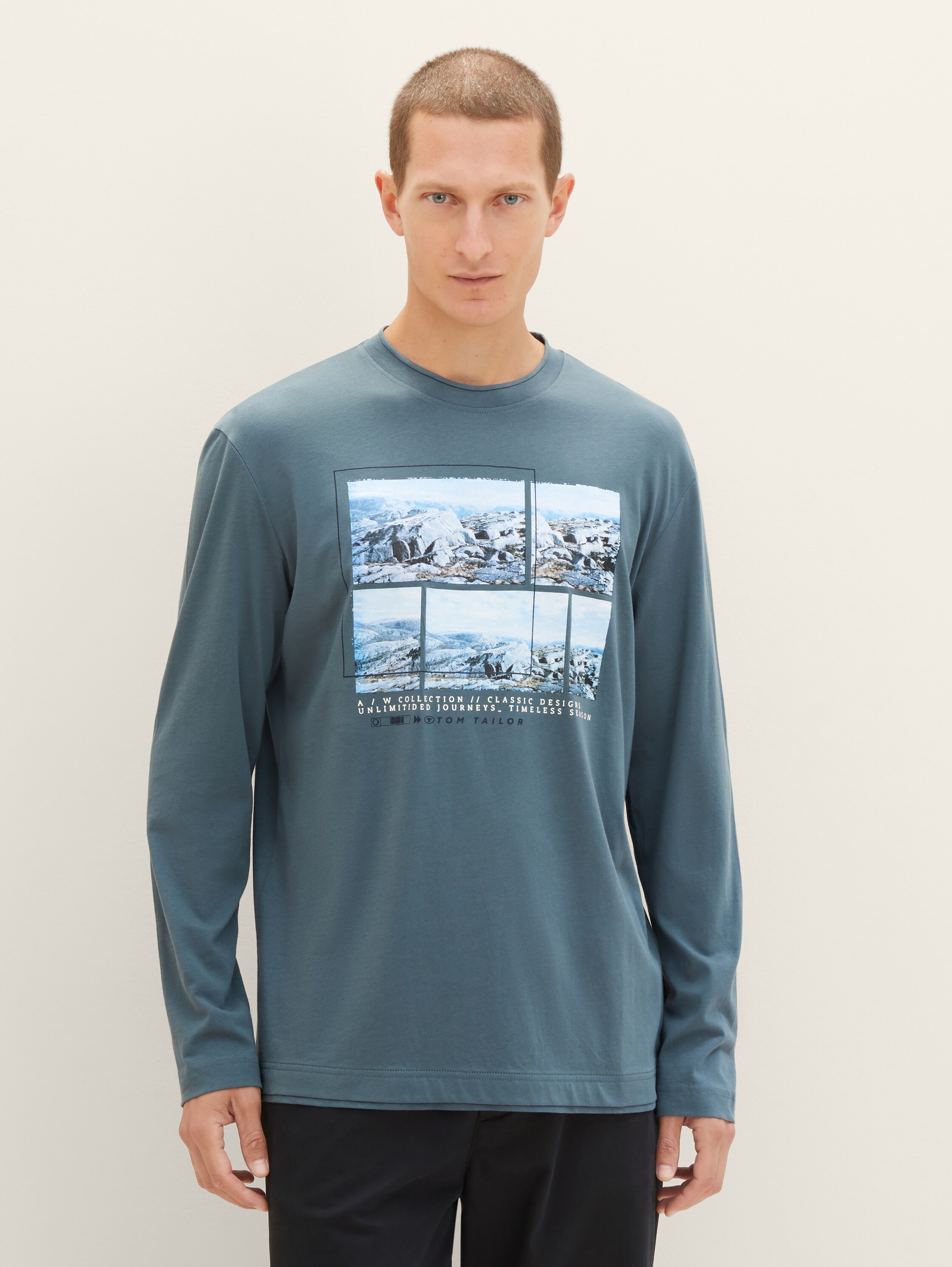 Langarmshirt mit Print - dusty dark teal - Ausschnitt Model-Vorderansicht