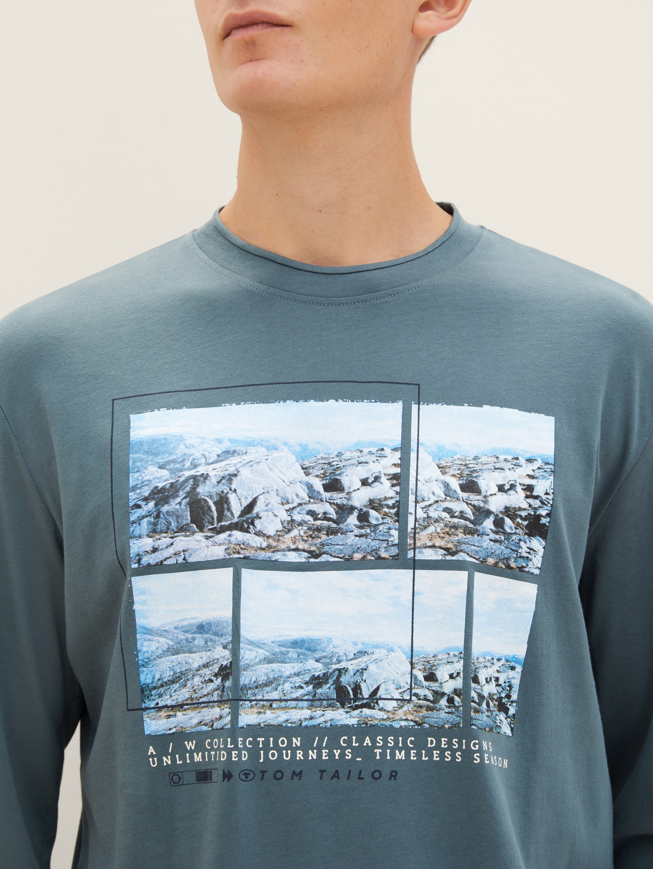 Langarmshirt mit Print - dusty dark teal - Detail-Model-Ansicht