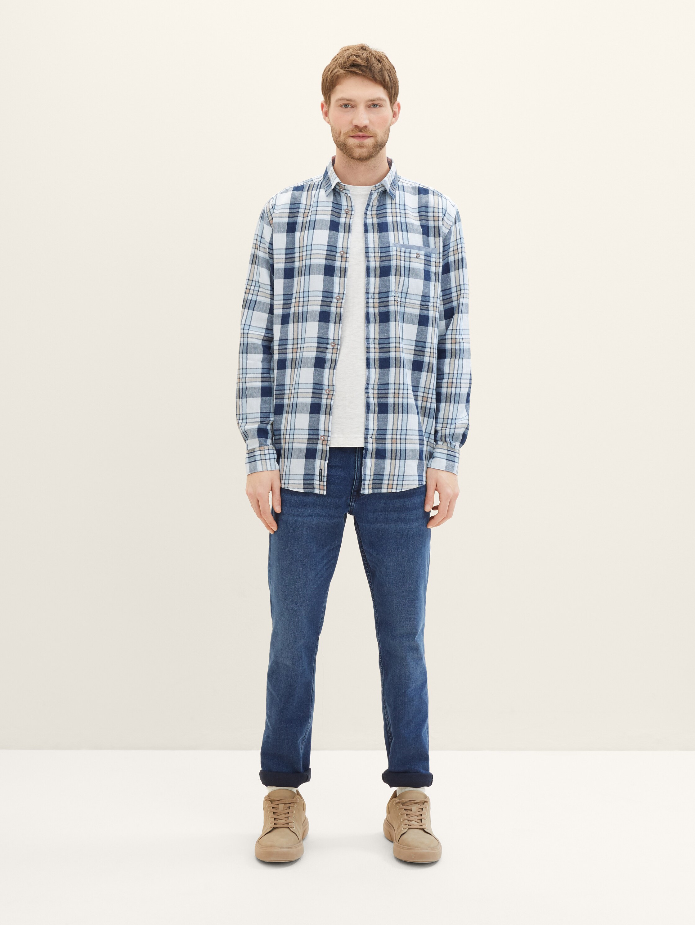Hemd mit Karomuster - blue white beige indigo check - Model-Vorderansicht