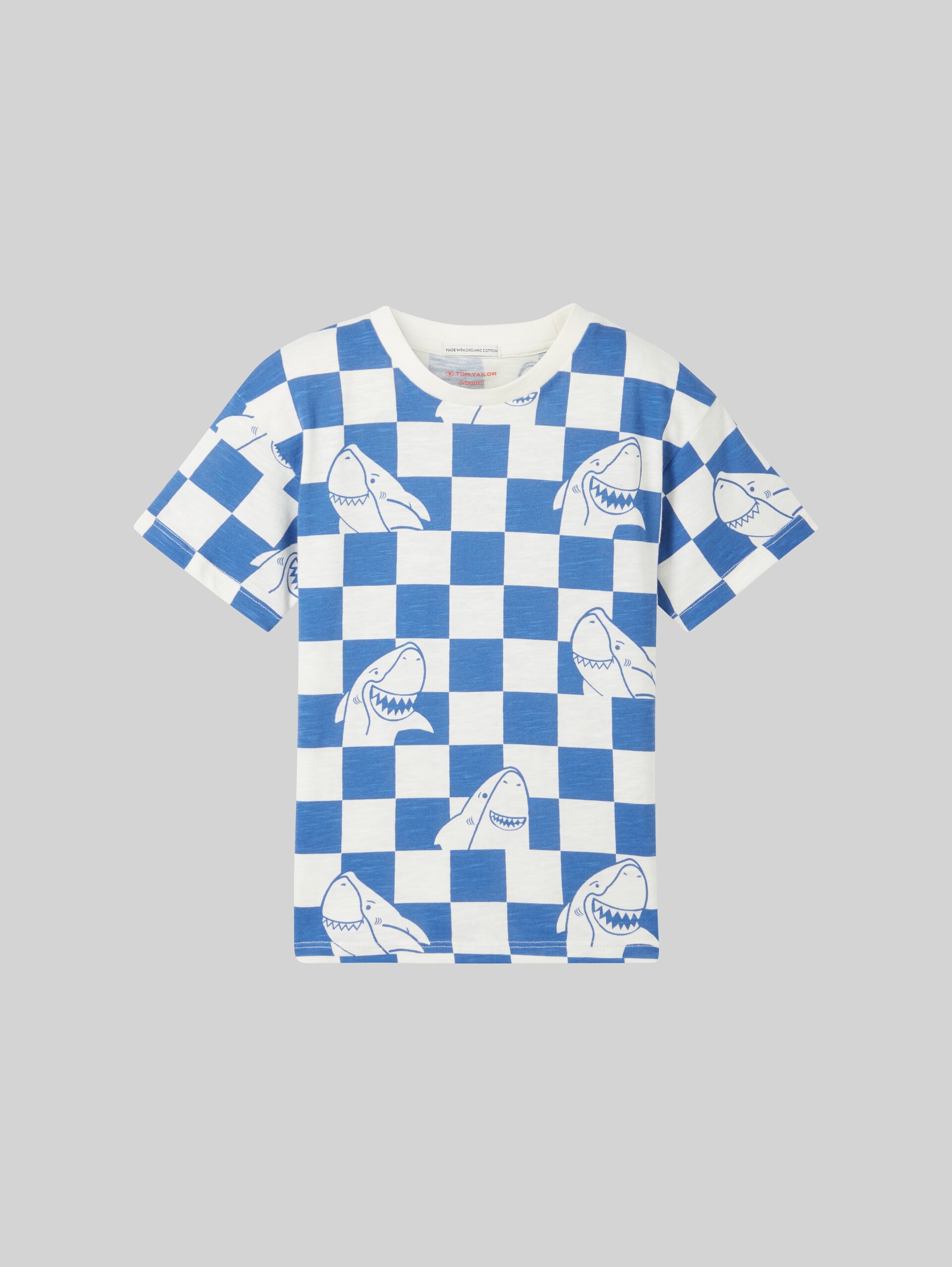 Oversized T-Shirt mit Bio-Baumwolle - blue white shark checkerboard - Vorder-Produkt-Ansicht