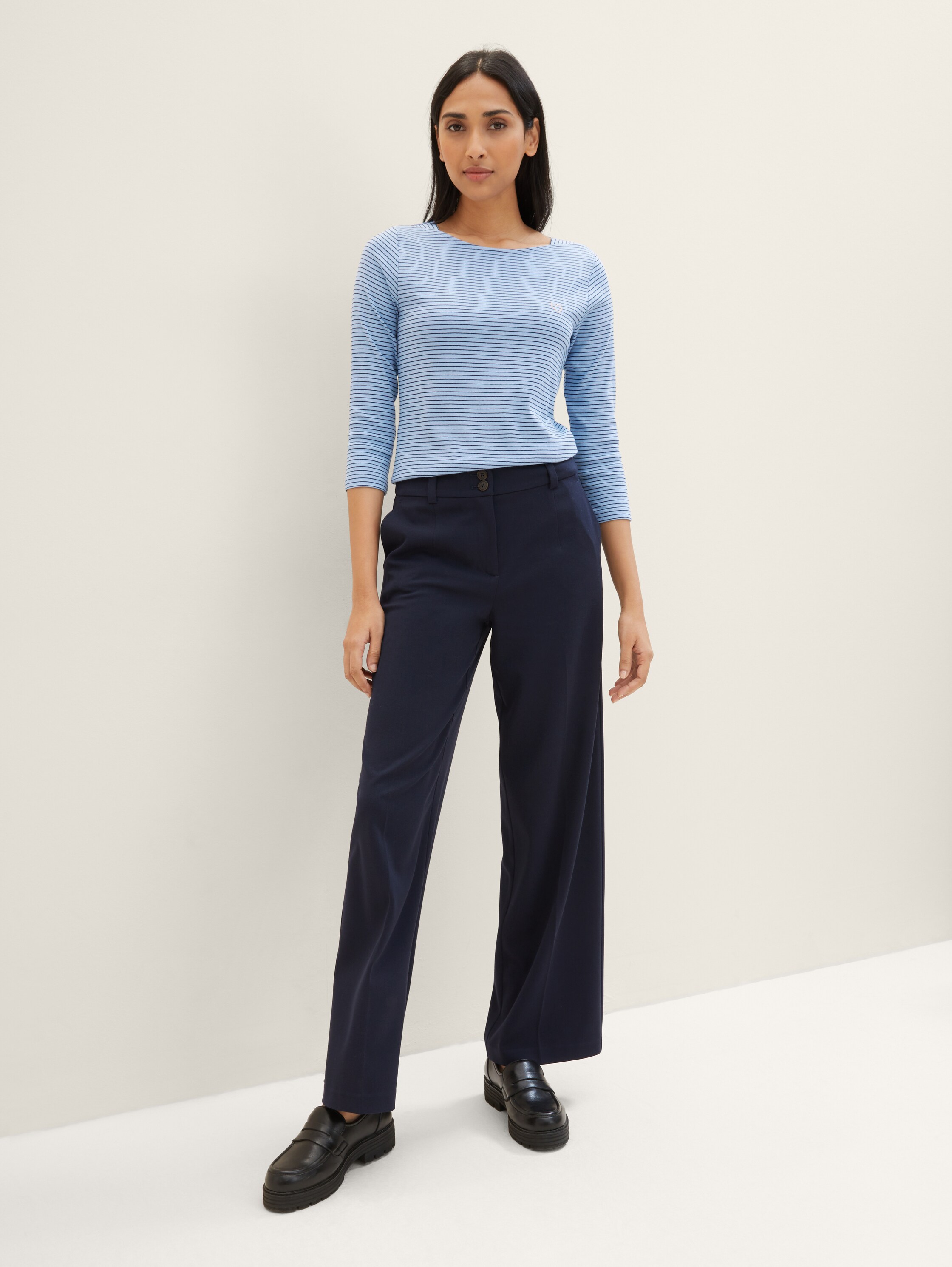 Shirt met 3/4 mouwen van biologisch katoen - blue navy thin stripe - Model vooraanzicht