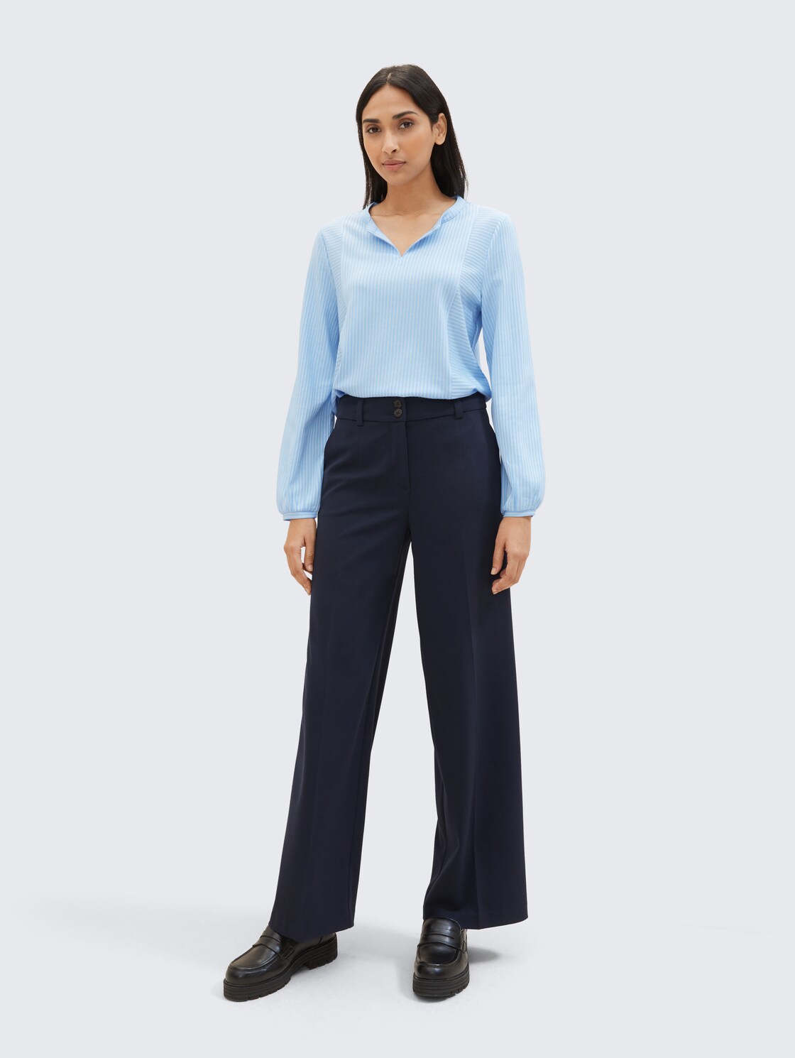 Striped blouse - blue white thin stripe - Model front view