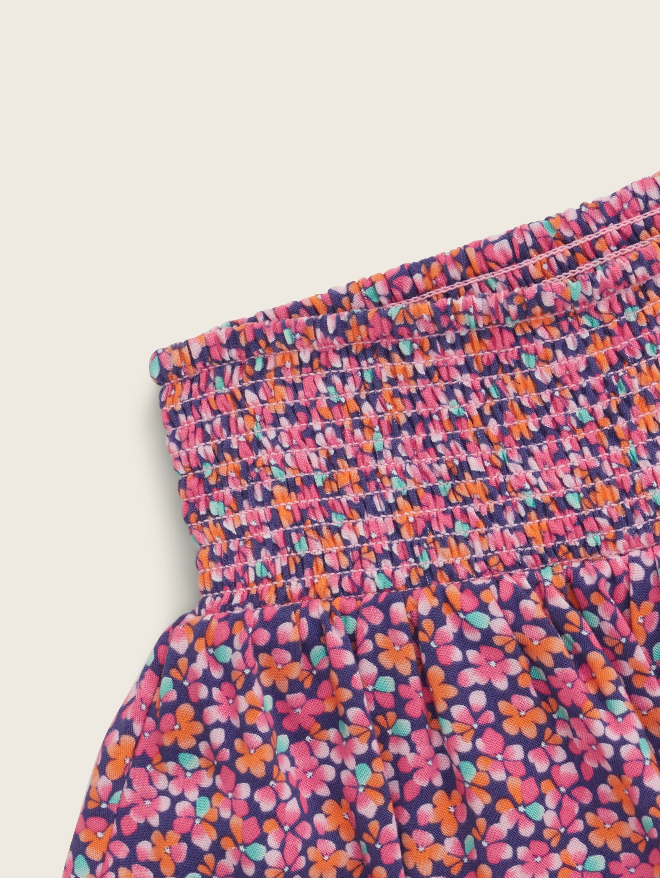 Smocked mini skirt with Livaeco by Birla Cellulose™\n - blue multicolor flower print - Detail model view