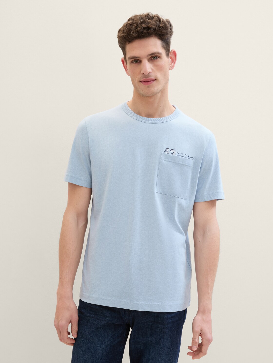 T-shirt in gemêleerde look - foggy blue grindle structure - Nek model vooraanzicht