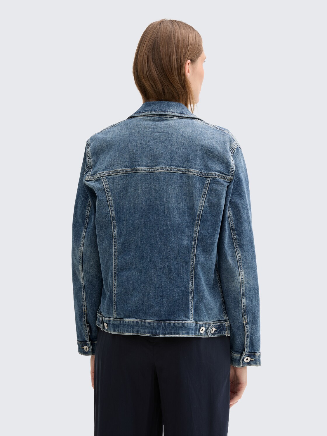 Denim jacket with recycled cotton - Used Dark Stone Blue Denim - Model-back view