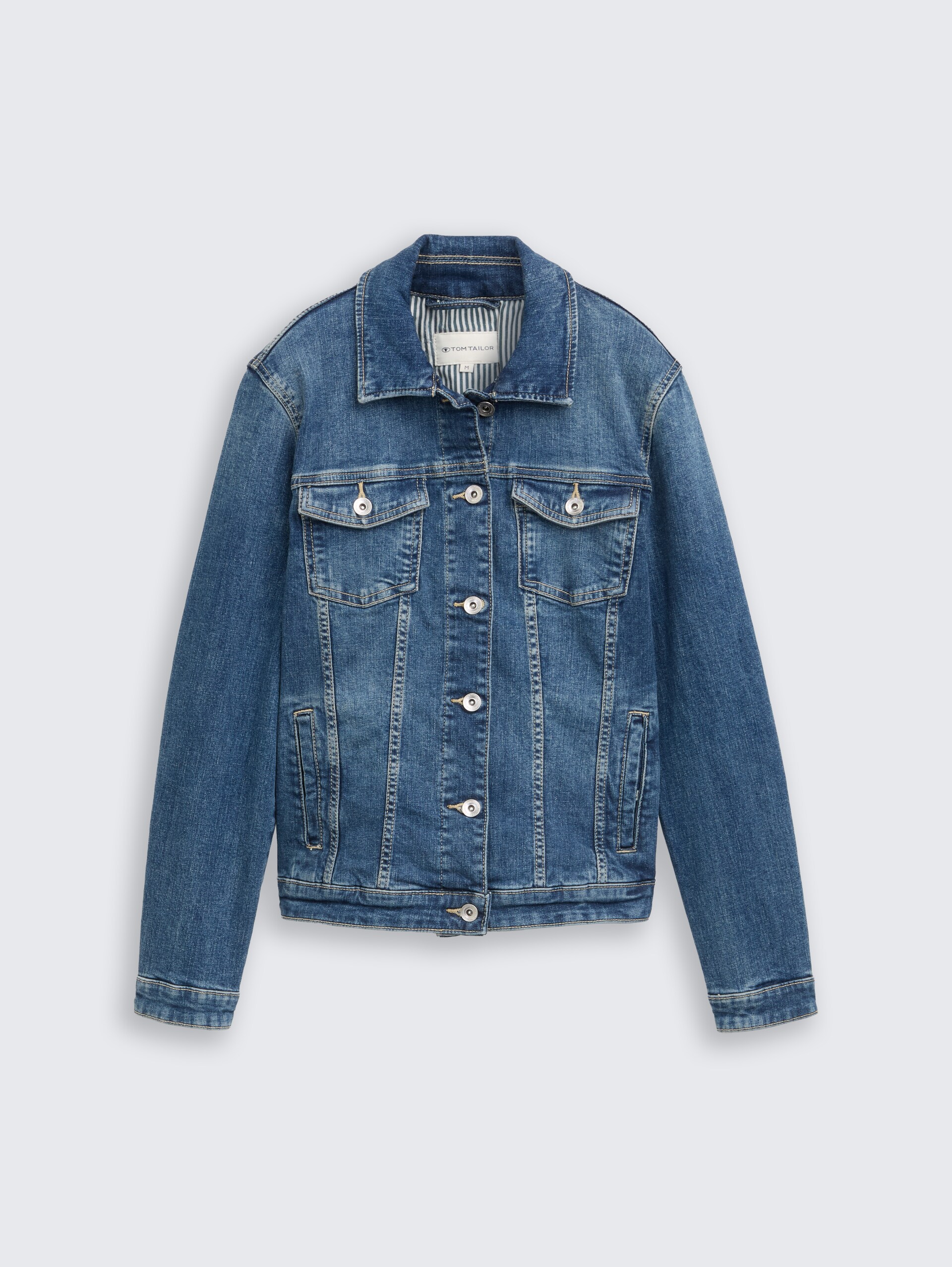 Jeansjacke mit recycelter Baumwolle - Used Dark Stone Blue Denim - Vorder-Produkt-Ansicht