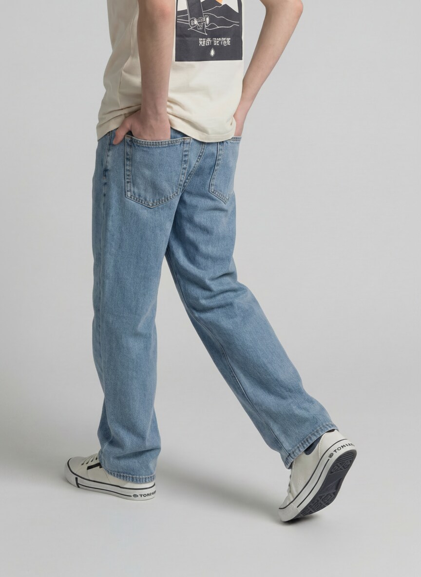 Baggy Jeans - Light Stone Blue Denim - Neckline model-back view