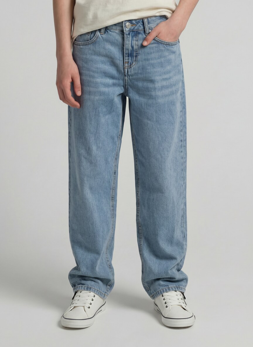 Baggy Jeans - Light Stone Blue Denim - Neckline model front view