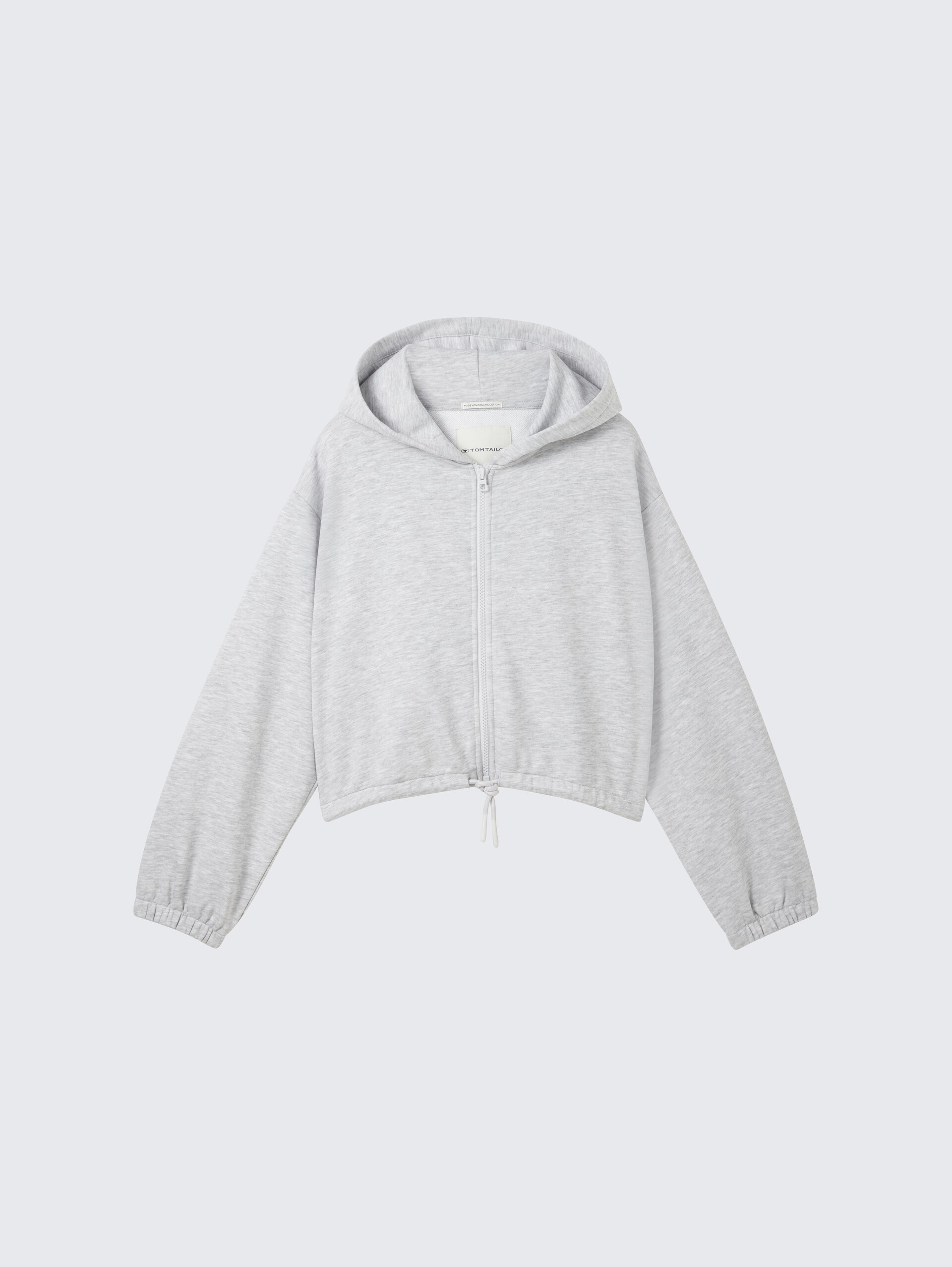 Cropped Hoodie Sweatjacke mit Kordelzug - Light Stone Grey Melange - Vorder-Produkt-Ansicht