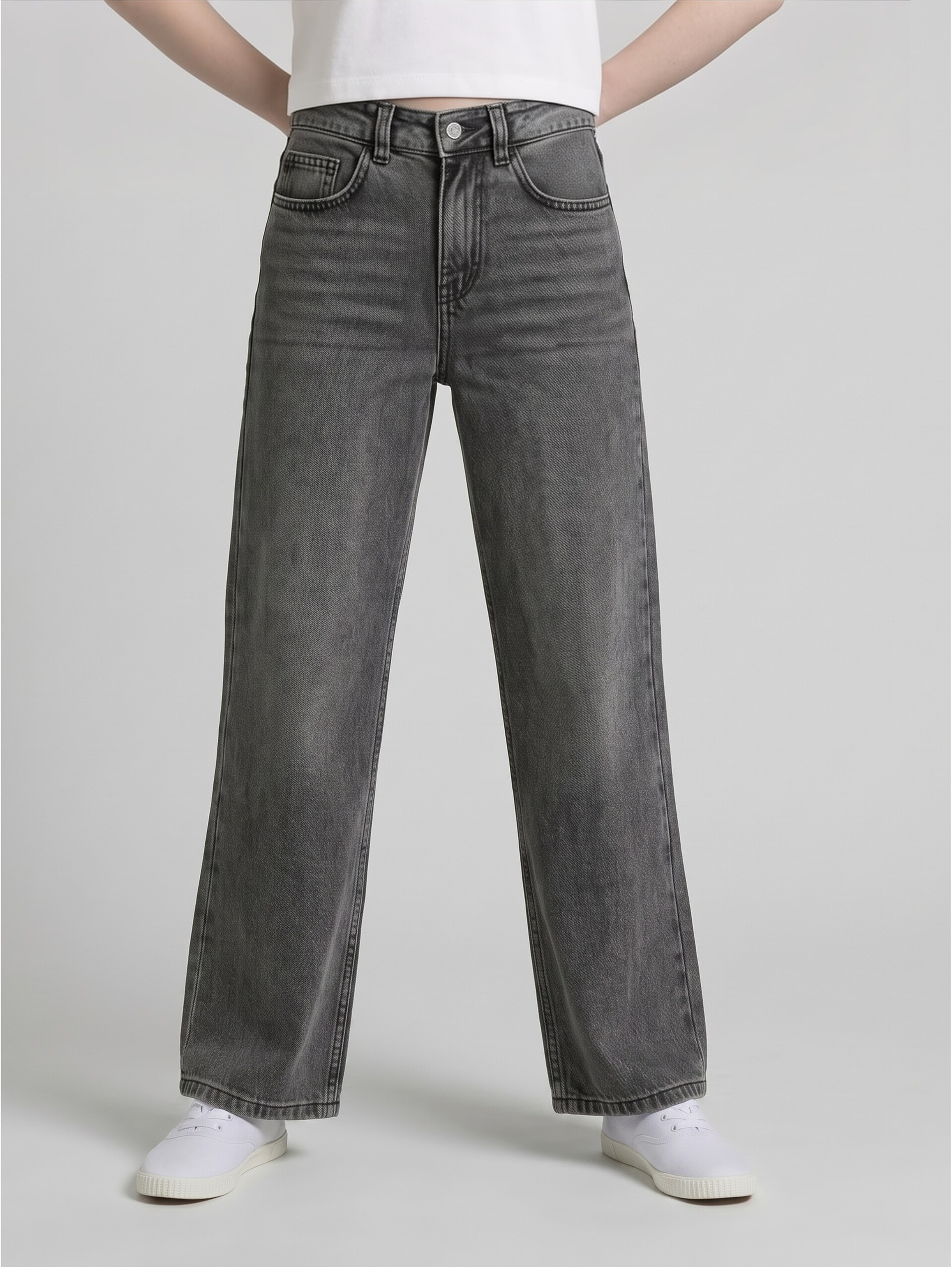Wide Leg Jeans - used mid stone grey denim - Ausschnitt Model-Vorderansicht