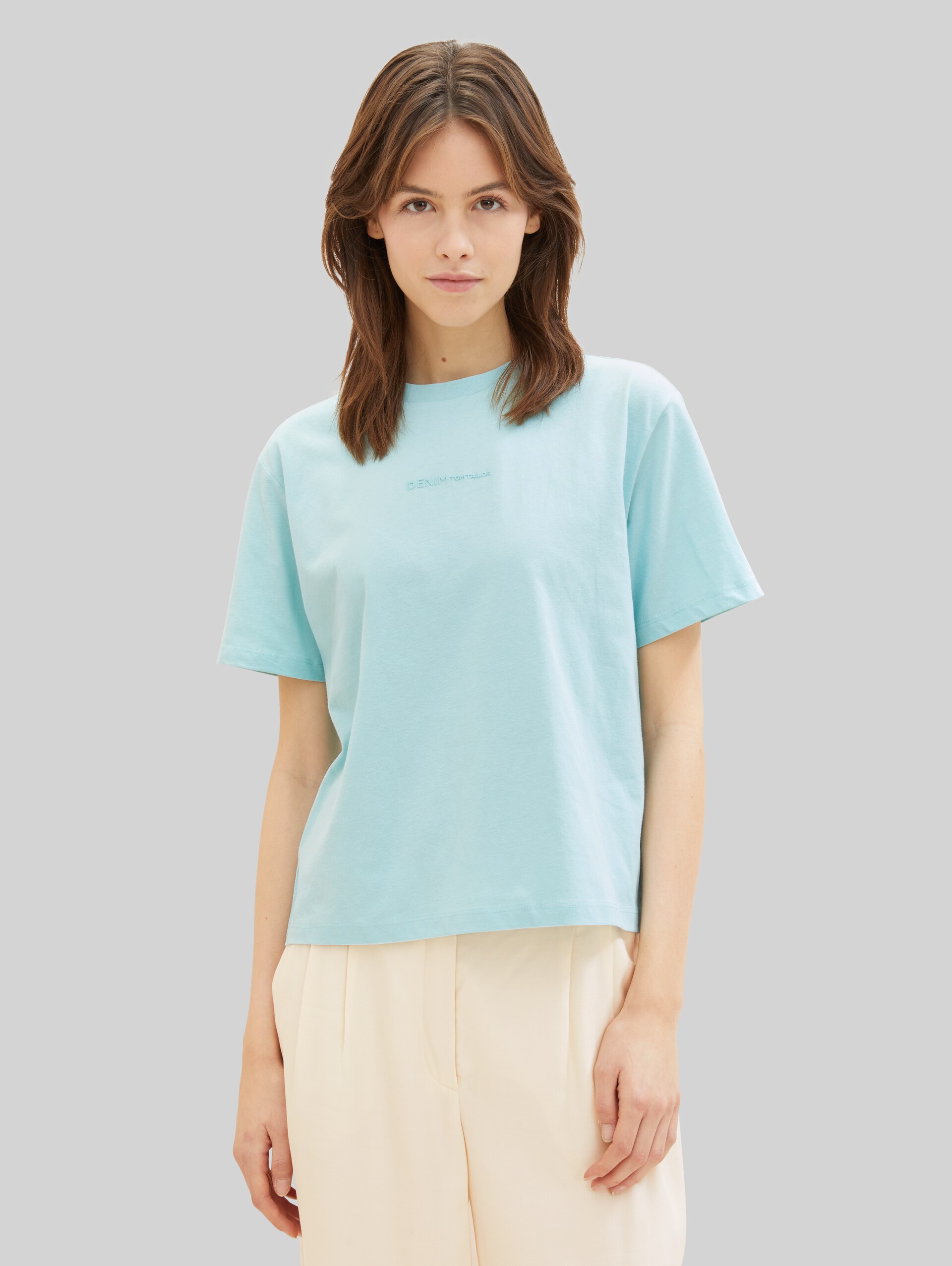 T-shirt Boxy Fit en coton - pastel turquoise - Découpe Vue de face du modèle