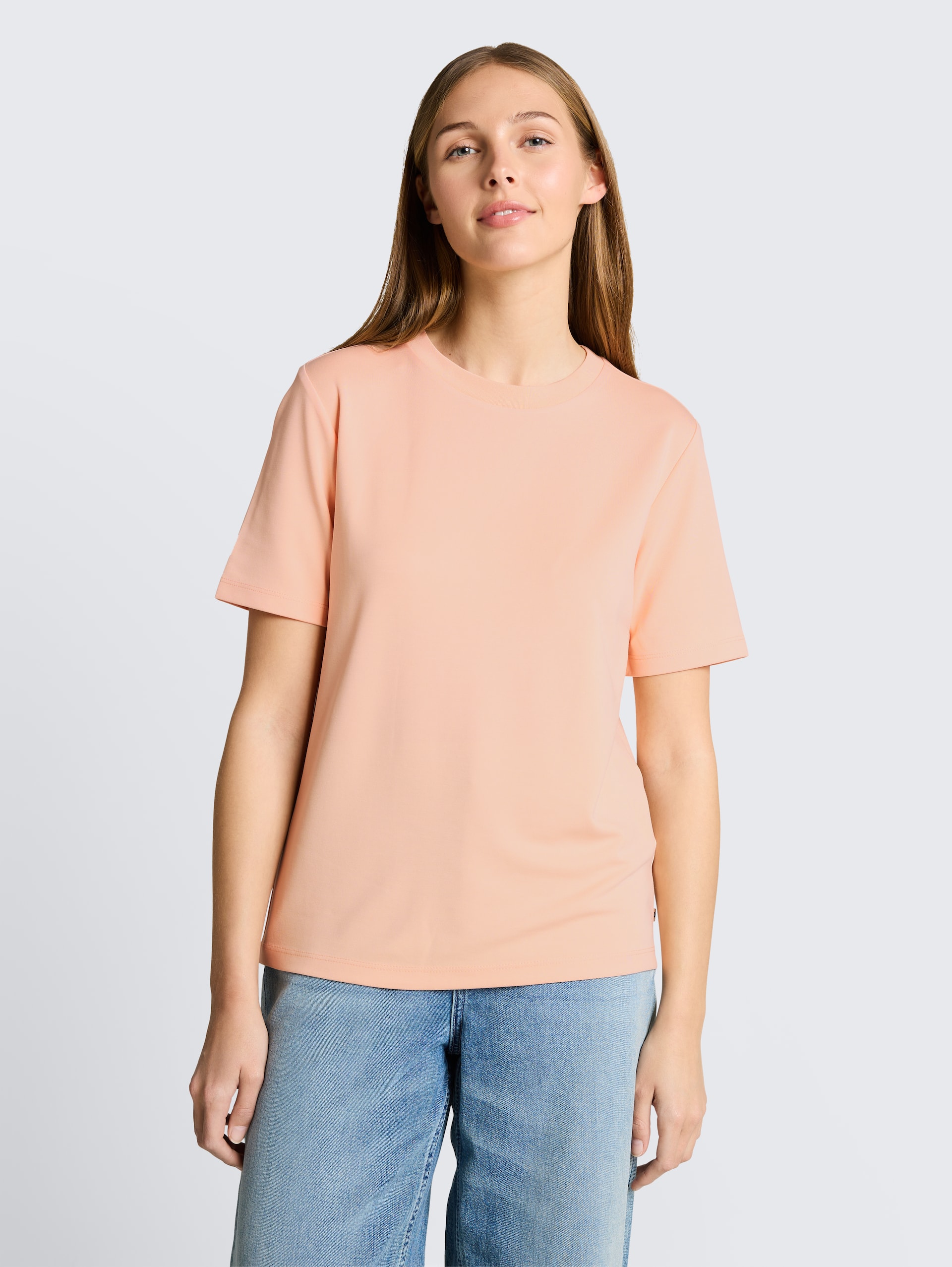 T-shirt met losse pasvorm - Orange Parfait - Nek model vooraanzicht