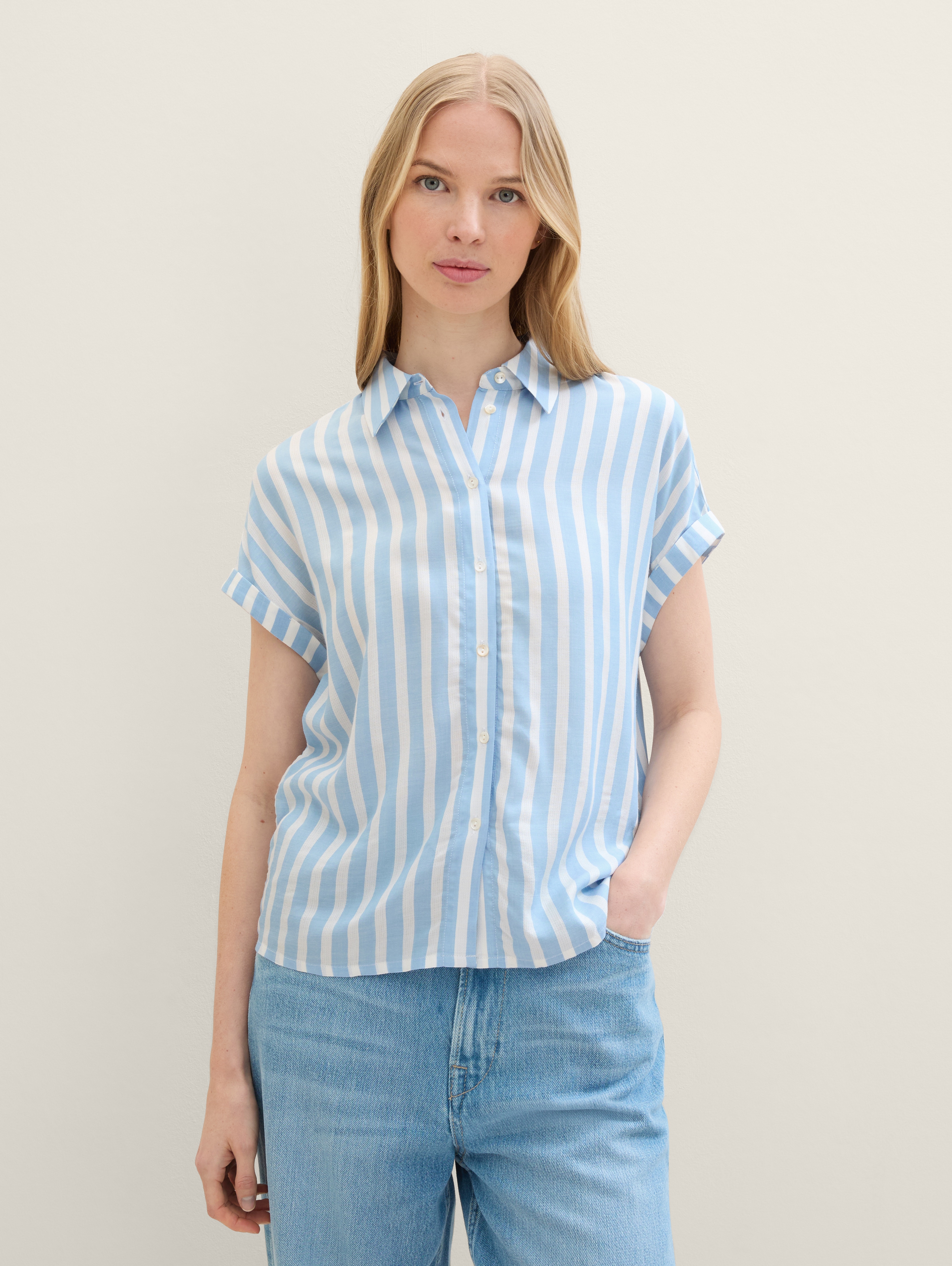 売れ筋商品|||トム テイラー デニム シャツ レディース トップス STRIPED SHORTSLEEVE SHIRT - Button-down blouse - white/blue CD021_YD5522?hei=850&crop=0,0,