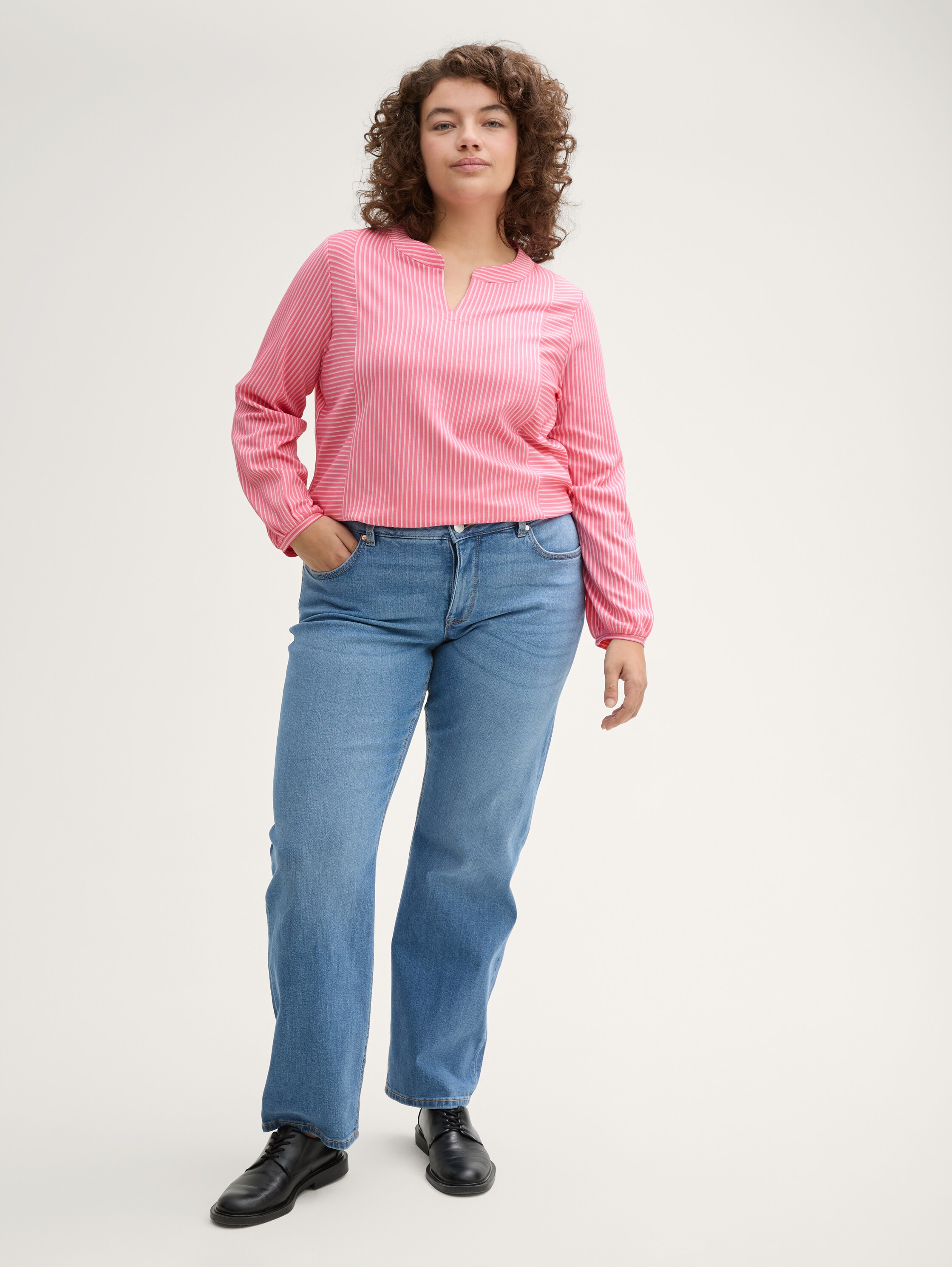 Plus Size - Blusenshirt mit Streifenmuster - bright_rose_white_thin_stripe - 