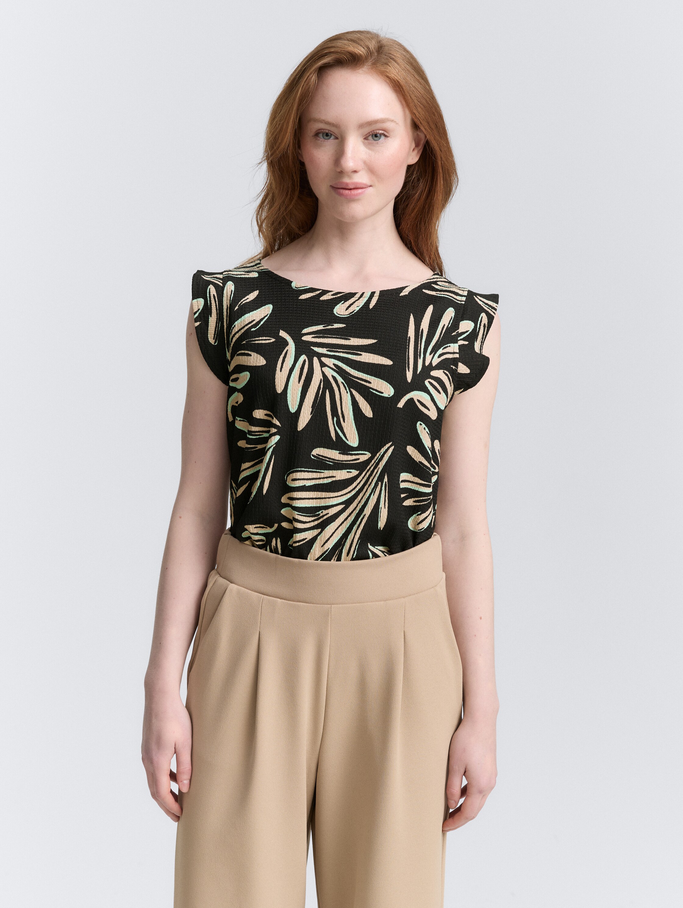 Loose Fit Top mit Volantärmeln - abstract_black_beige_print - 