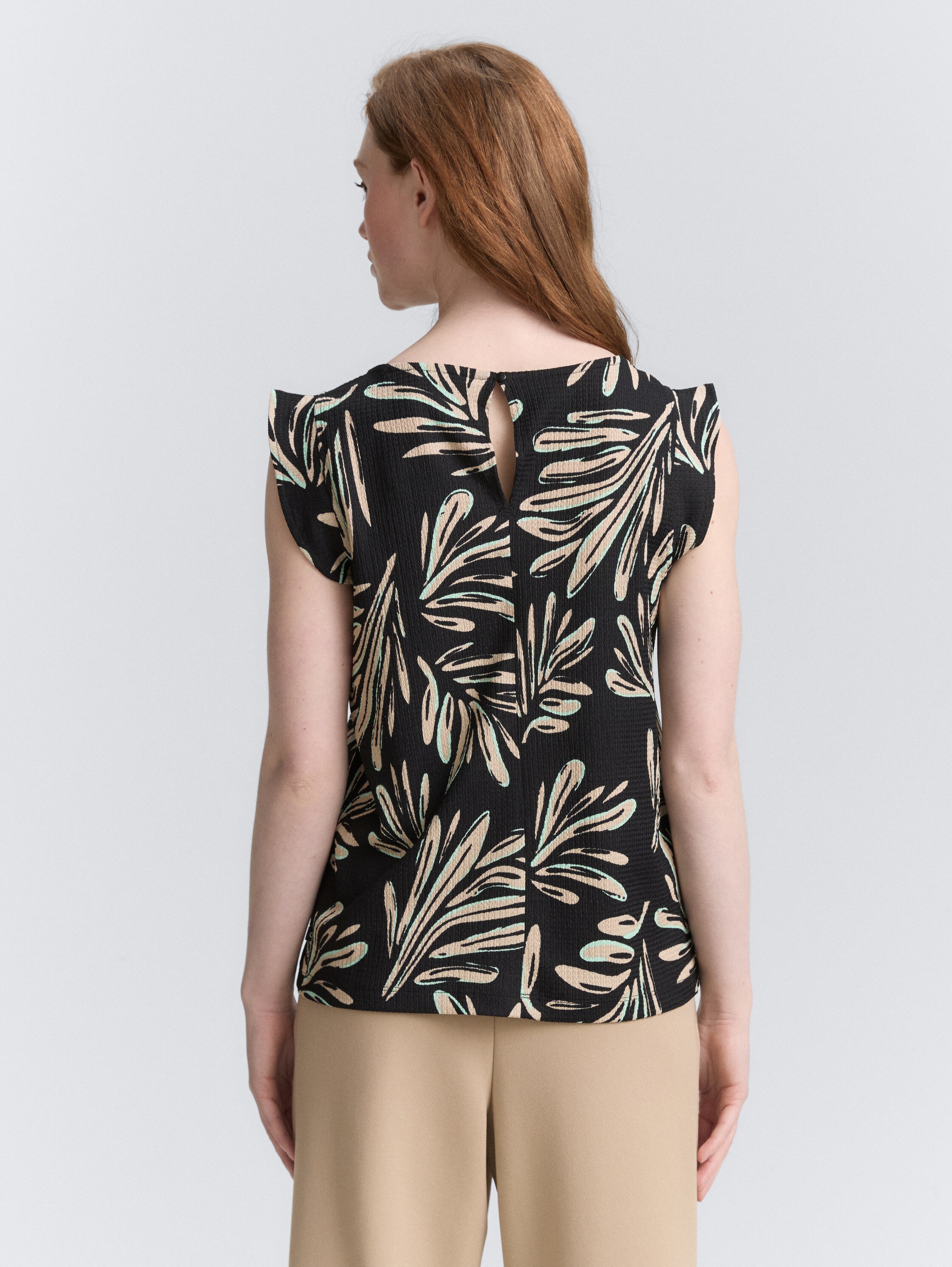 Loose Fit Top mit Volantärmeln - abstract_black_beige_print - 