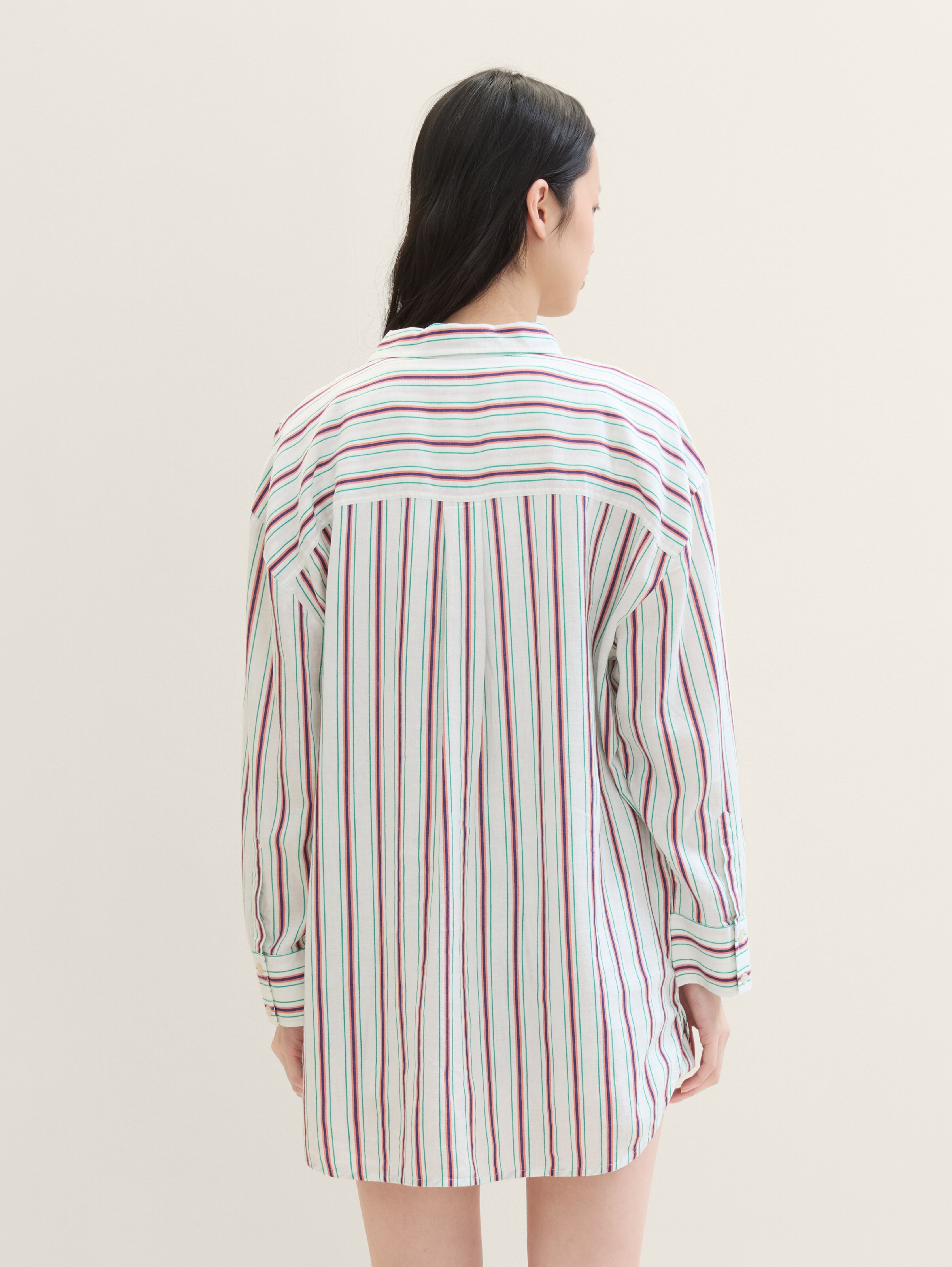 売れ筋商品|||トムテイラー シャツ レディース トップス MODERN SHAPE STRIPED - Button-down blouse - green/white Oversized shirt with linen by Tom Tailor
