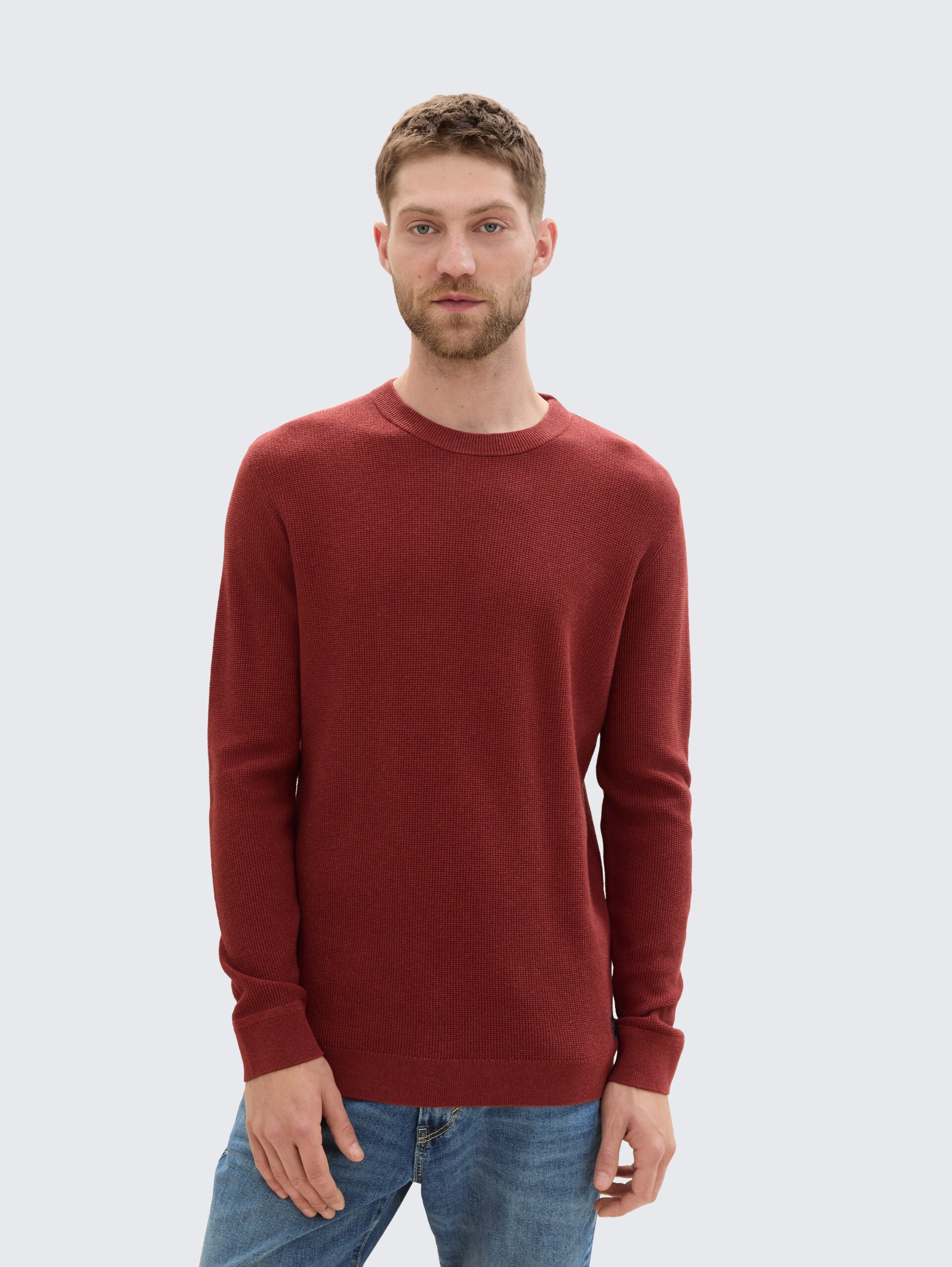 Strickpullover aus Baumwolle - burgundy dark red melange - Ausschnitt Model-Vorderansicht
