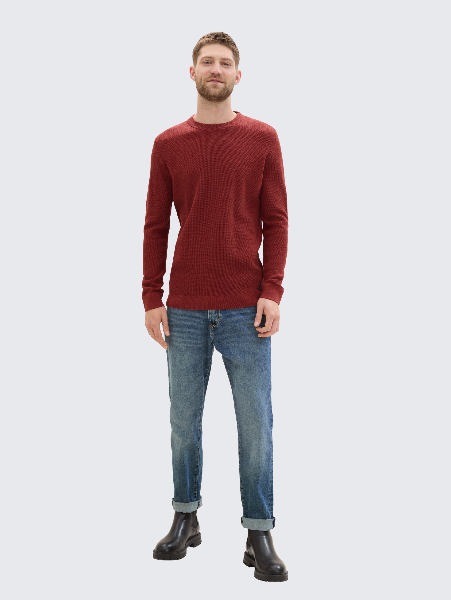 Strickpullover aus Baumwolle - burgundy dark red melange - Model-Vorderansicht