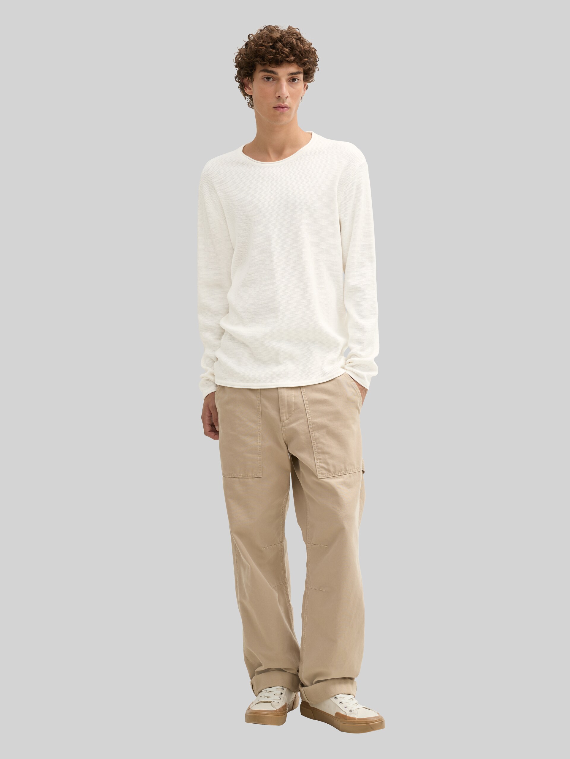 Cotton knit jumper - Wool White - Model front view