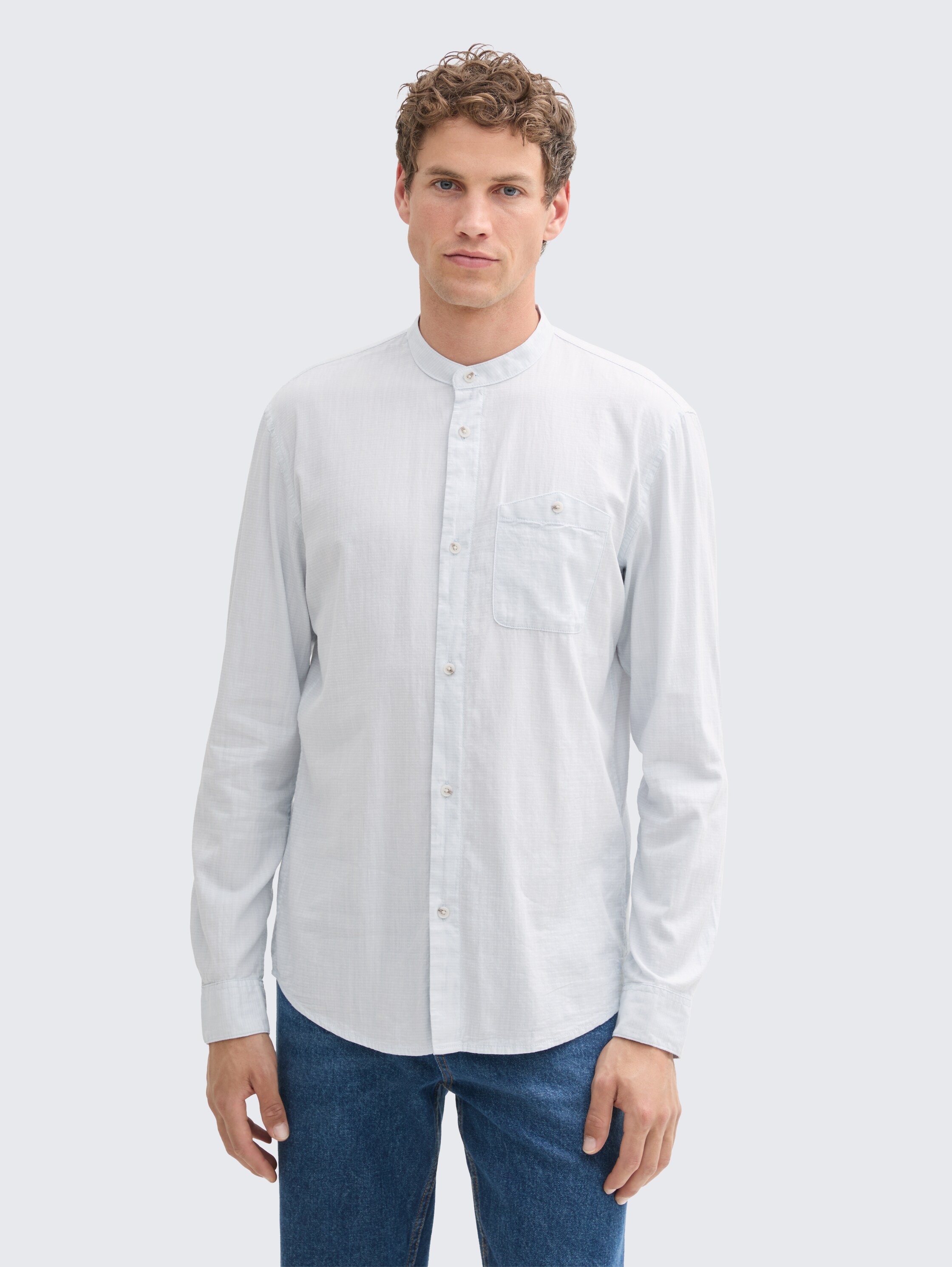Basic Fit overhemd met opstaande kraag - light_herringbone_structure - 