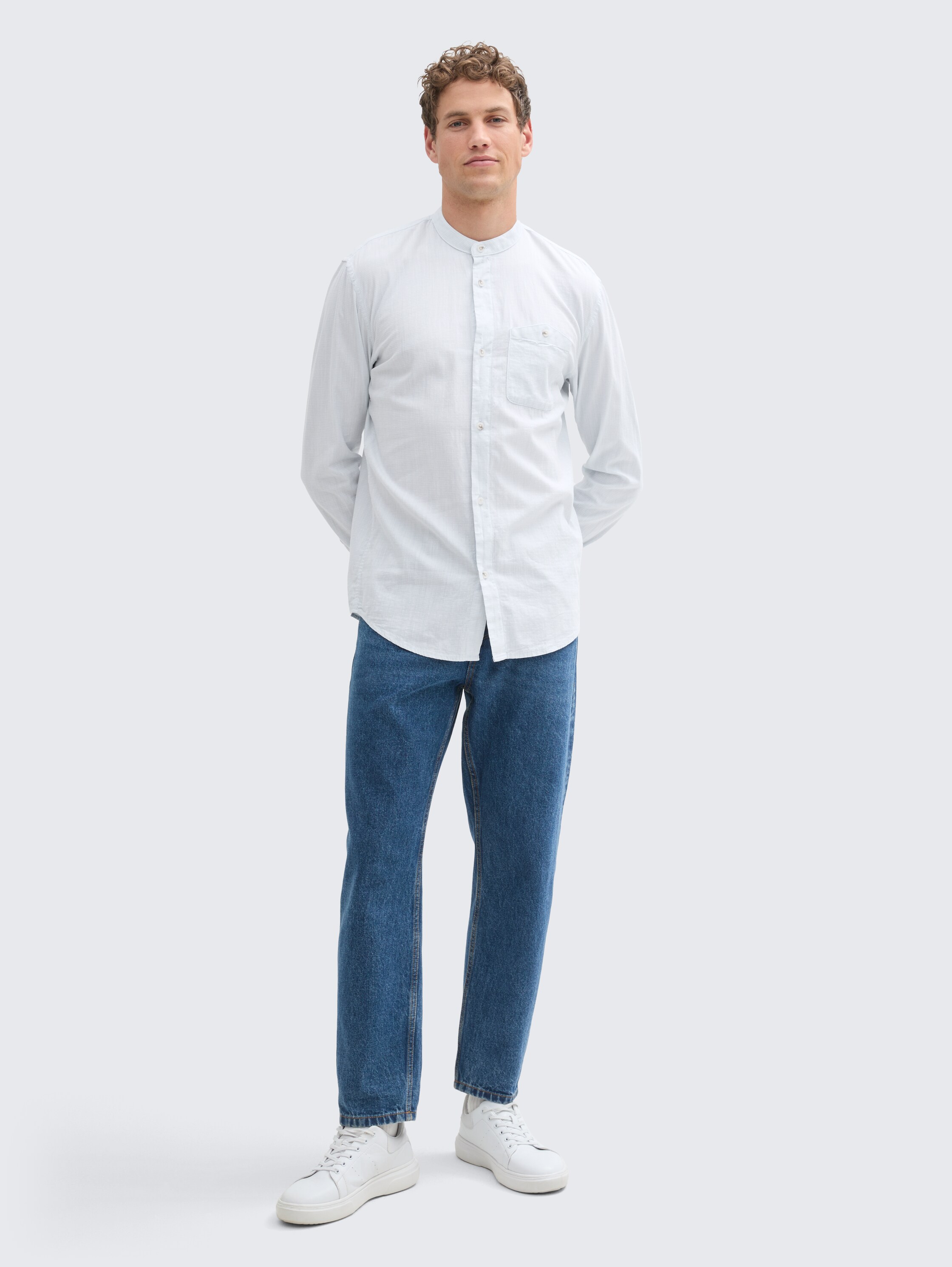 Basic Fit overhemd met opstaande kraag - light_herringbone_structure - 