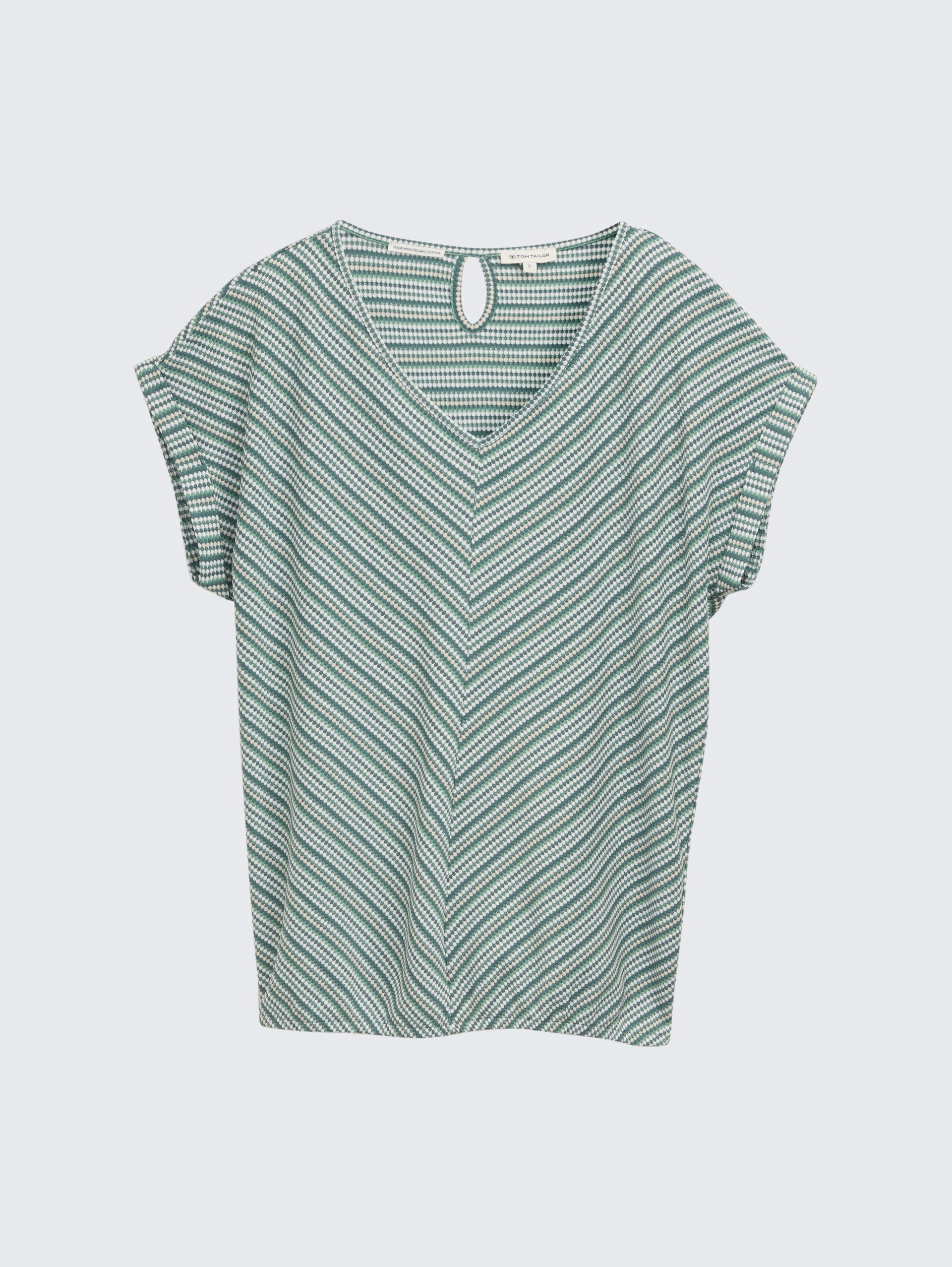 Loose Fit Jacquard T-Shirt - green beige structure stripe - Vorder-Produkt-Ansicht