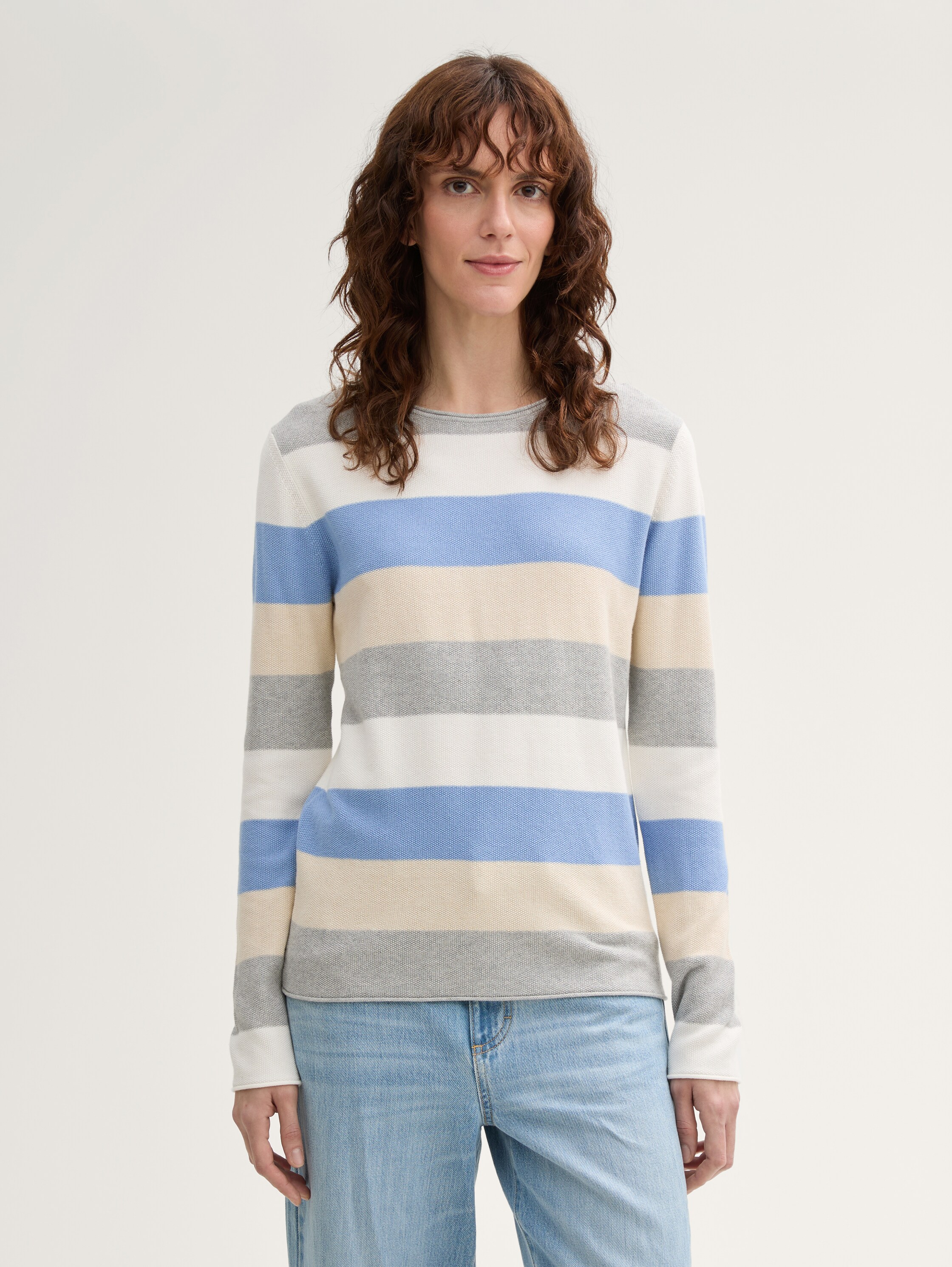 Strickpullover mit Rundhalsausschnitt - beige_blue_block_stripe - 