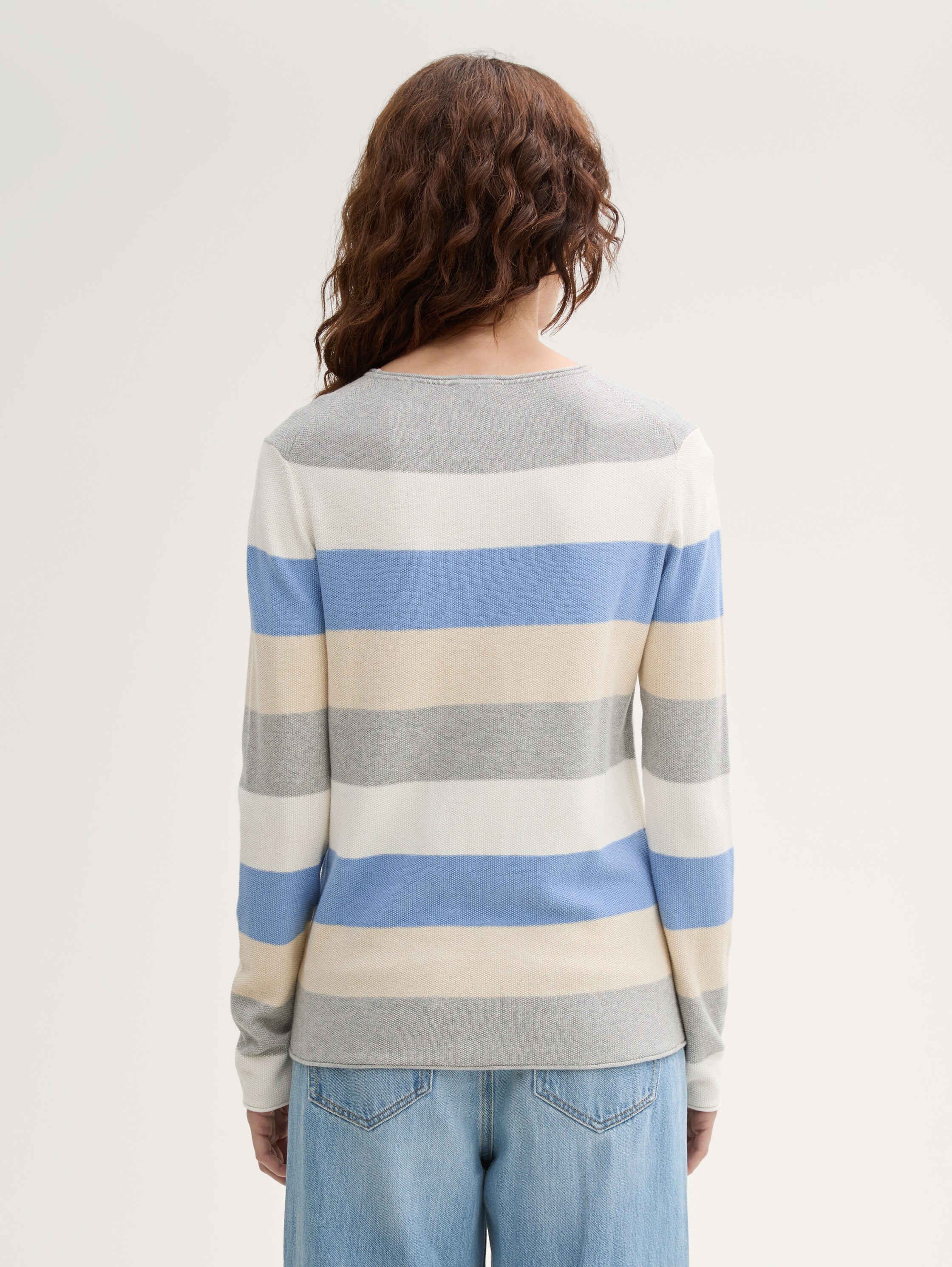 Strickpullover mit Rundhalsausschnitt - beige_blue_block_stripe - 