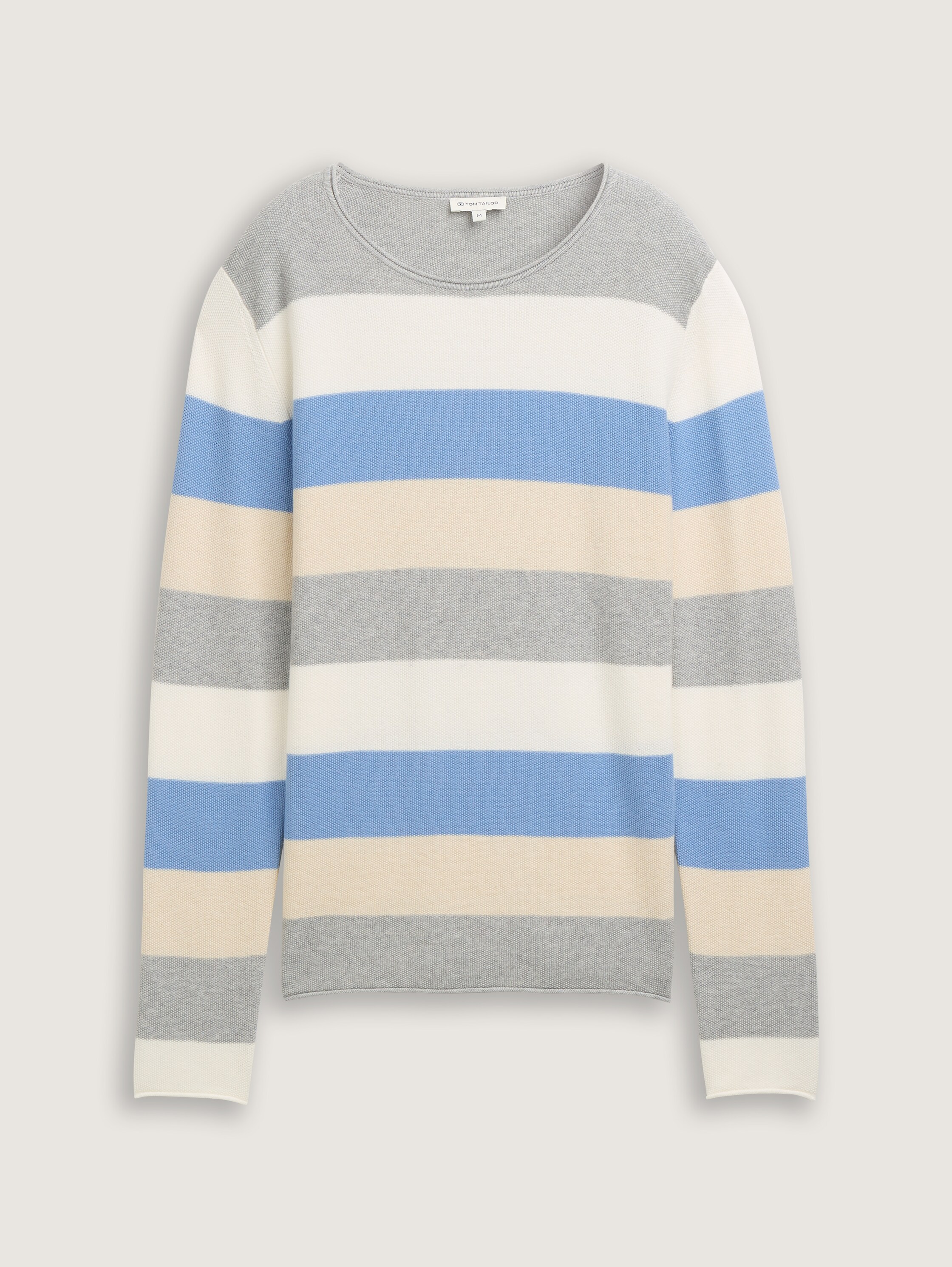 Strickpullover mit Rundhalsausschnitt - beige_blue_block_stripe - 
