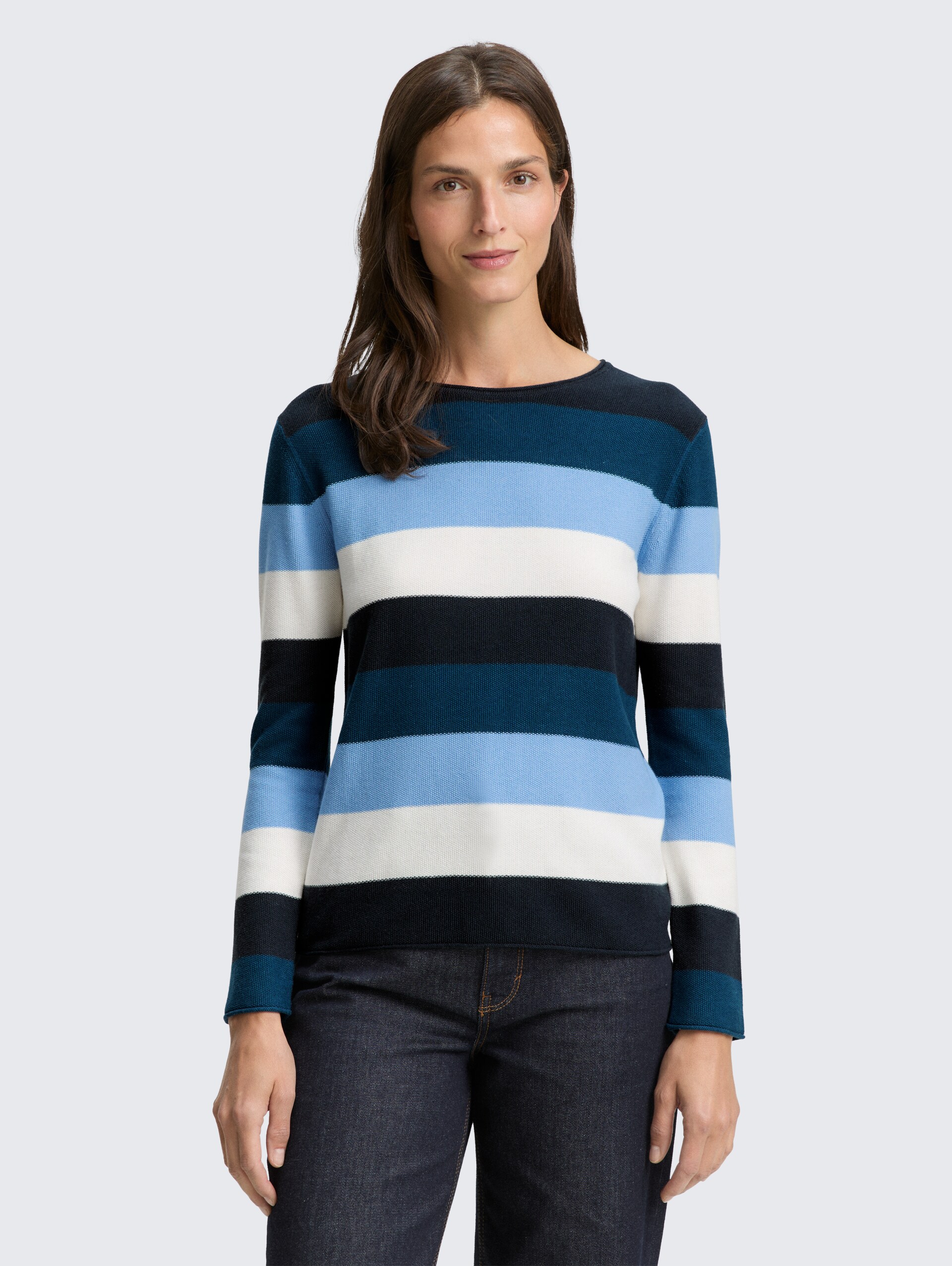 Strickpullover mit Rundhalsausschnitt - big teal knit stripe - Ausschnitt Model-Vorderansicht