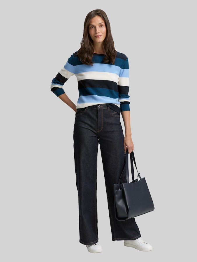 Gebreide trui met ronde hals door Women, big teal knit stripe