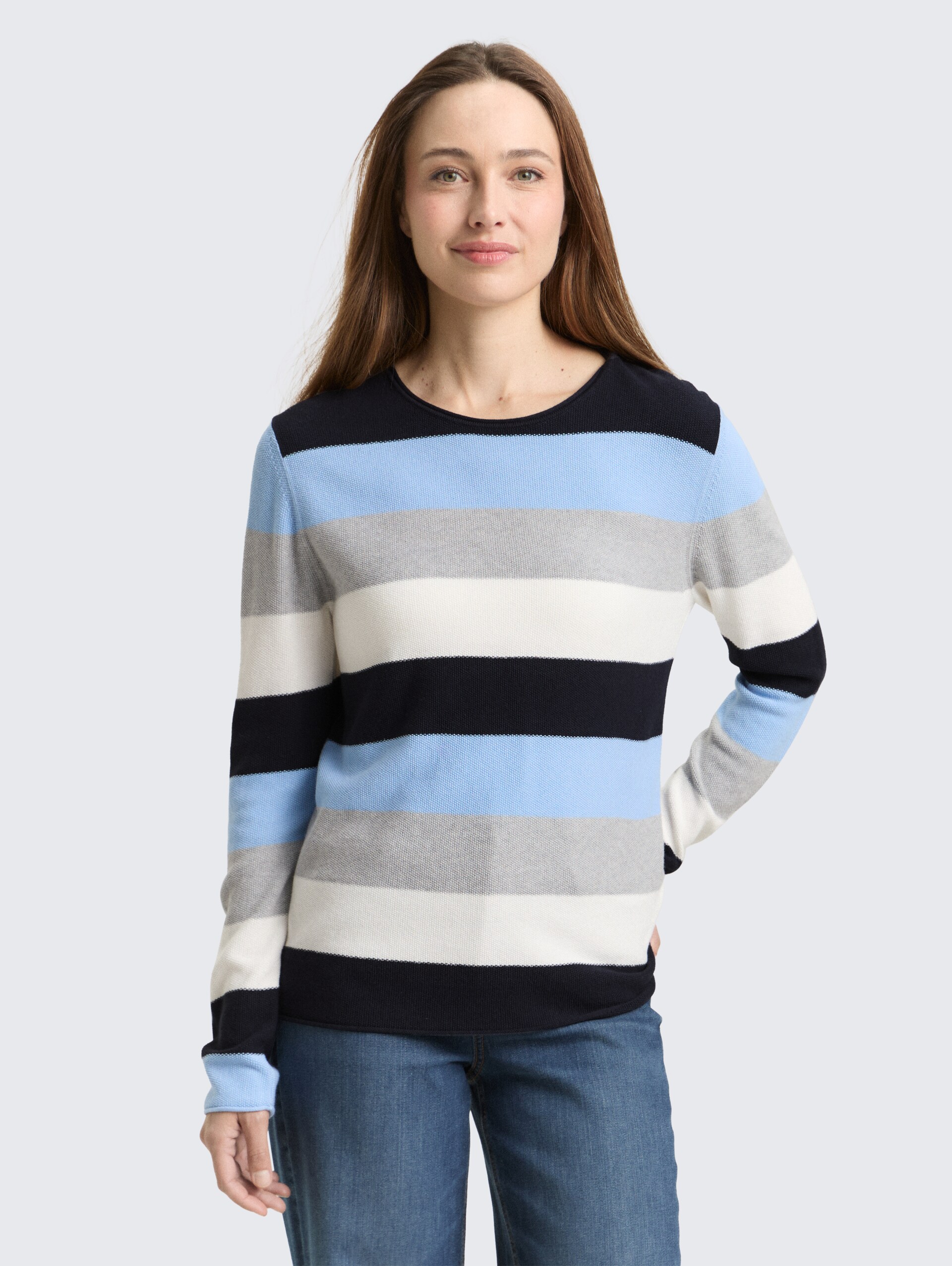 Strickpullover mit Rundhalsausschnitt - fjord blue grey stripe - Ausschnitt Model-Vorderansicht