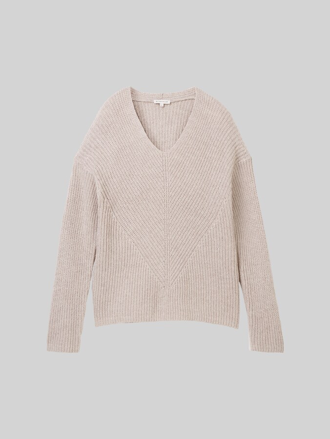 Gebreide trui met V-hals door Women, dusty beige melange