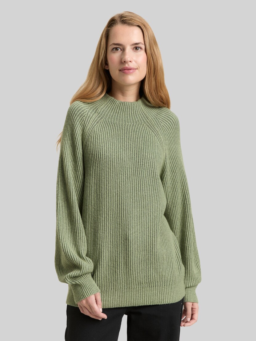 Gerippter Pullover mit Stehkragen von Women, pale bark green rib structure