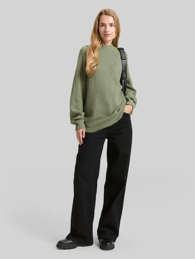 Gerippter Pullover mit Stehkragen von Women, pale bark green rib structure