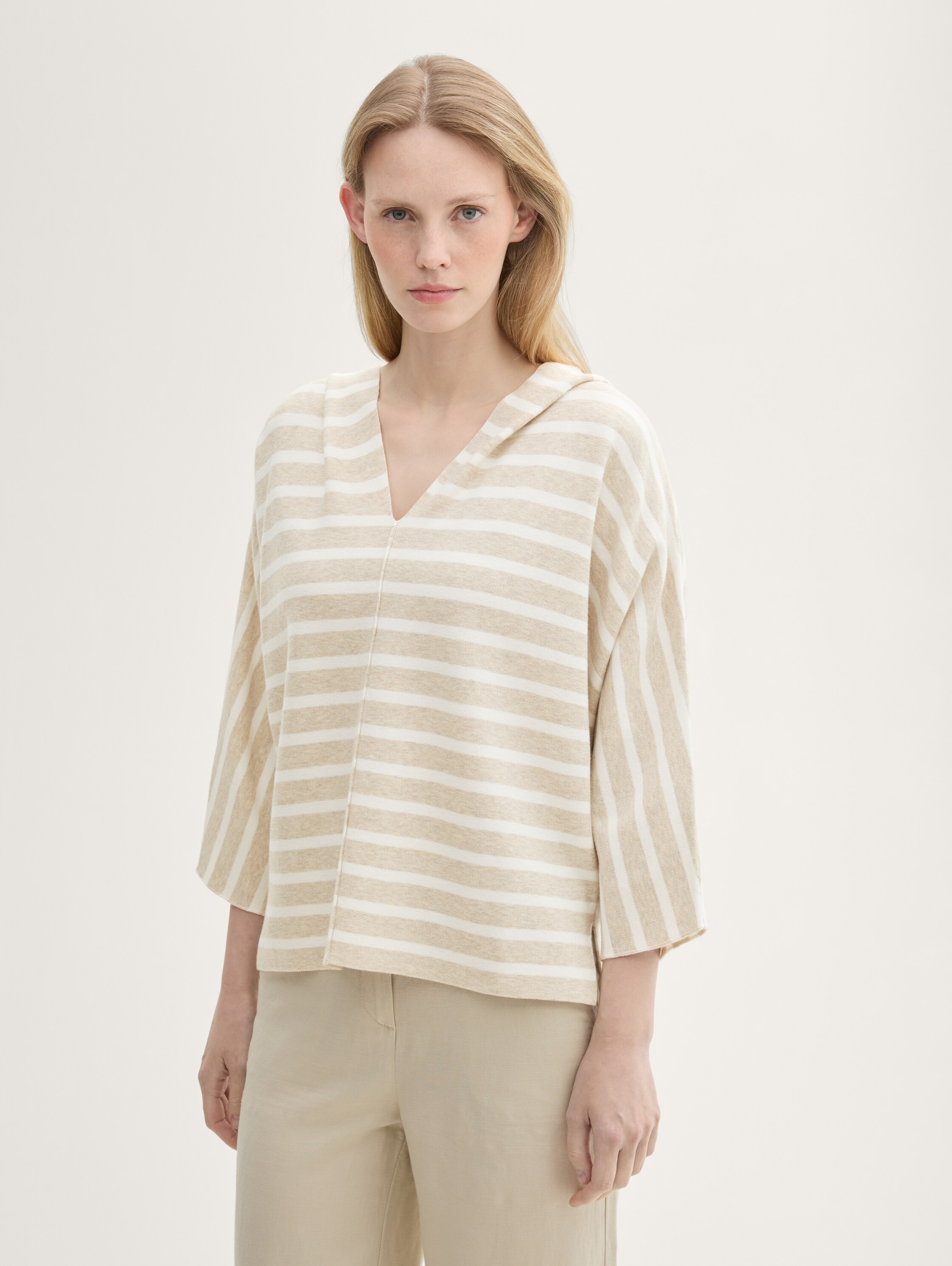 Loose Fit Strickpullover mit Kapuze - beige_melange_knit_stripe - 