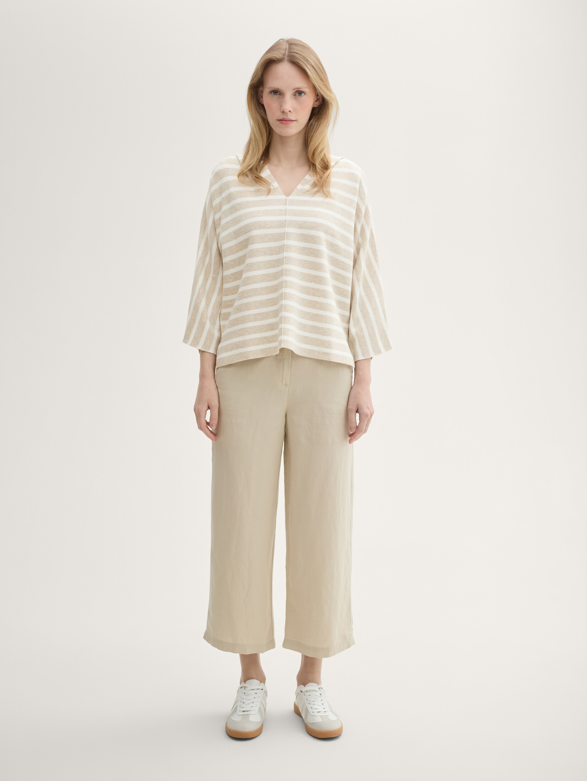 Loose Fit Strickpullover mit Kapuze - beige_melange_knit_stripe - 