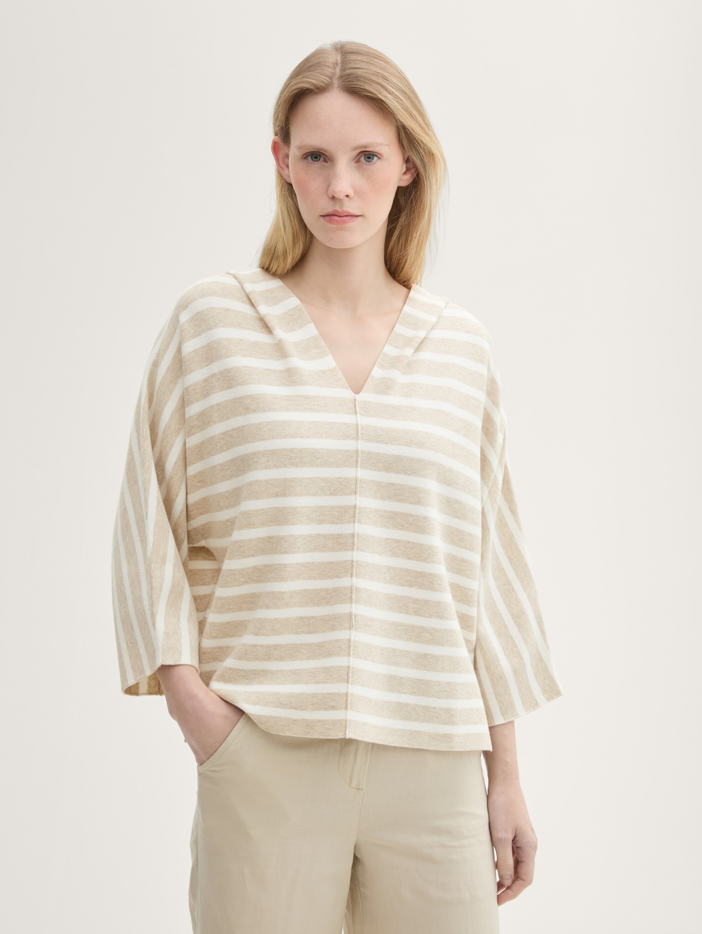 Loose Fit Strickpullover mit Kapuze - beige_melange_knit_stripe - 