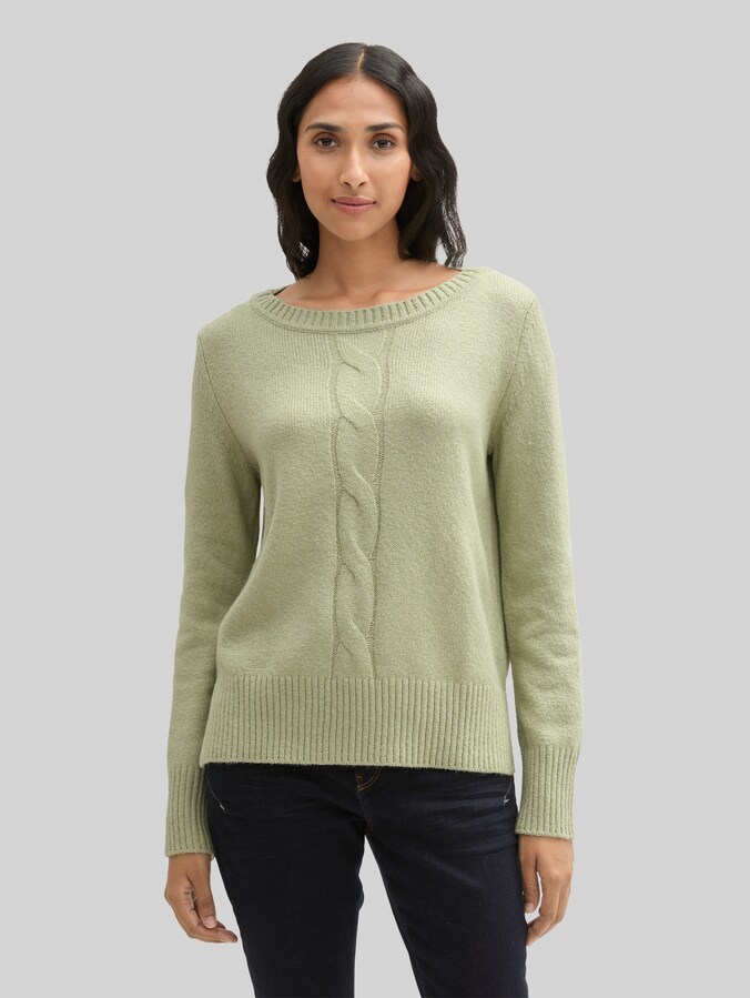 Strickpullover mit Zopfmuster von Women, pure sage melange