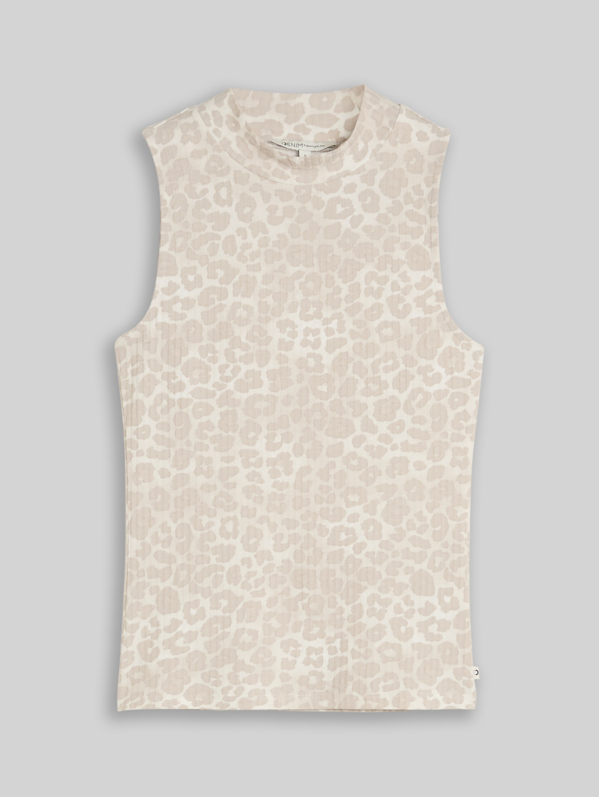 Ribbed top with stand-up collar - beige tonal leo print - Front product view