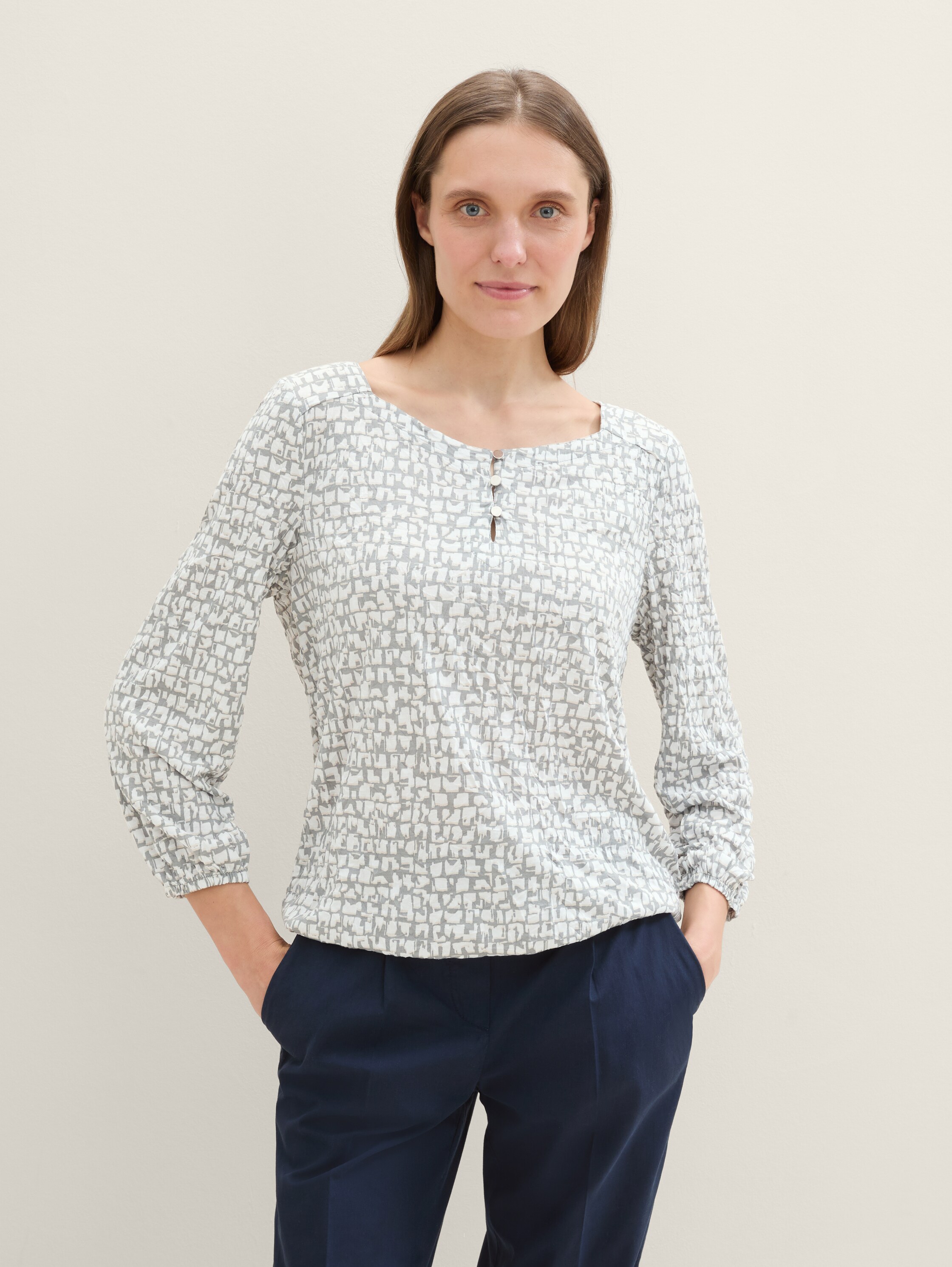 Shirt met 3/4 mouwen in rimpellook - neutral_tile_design - 