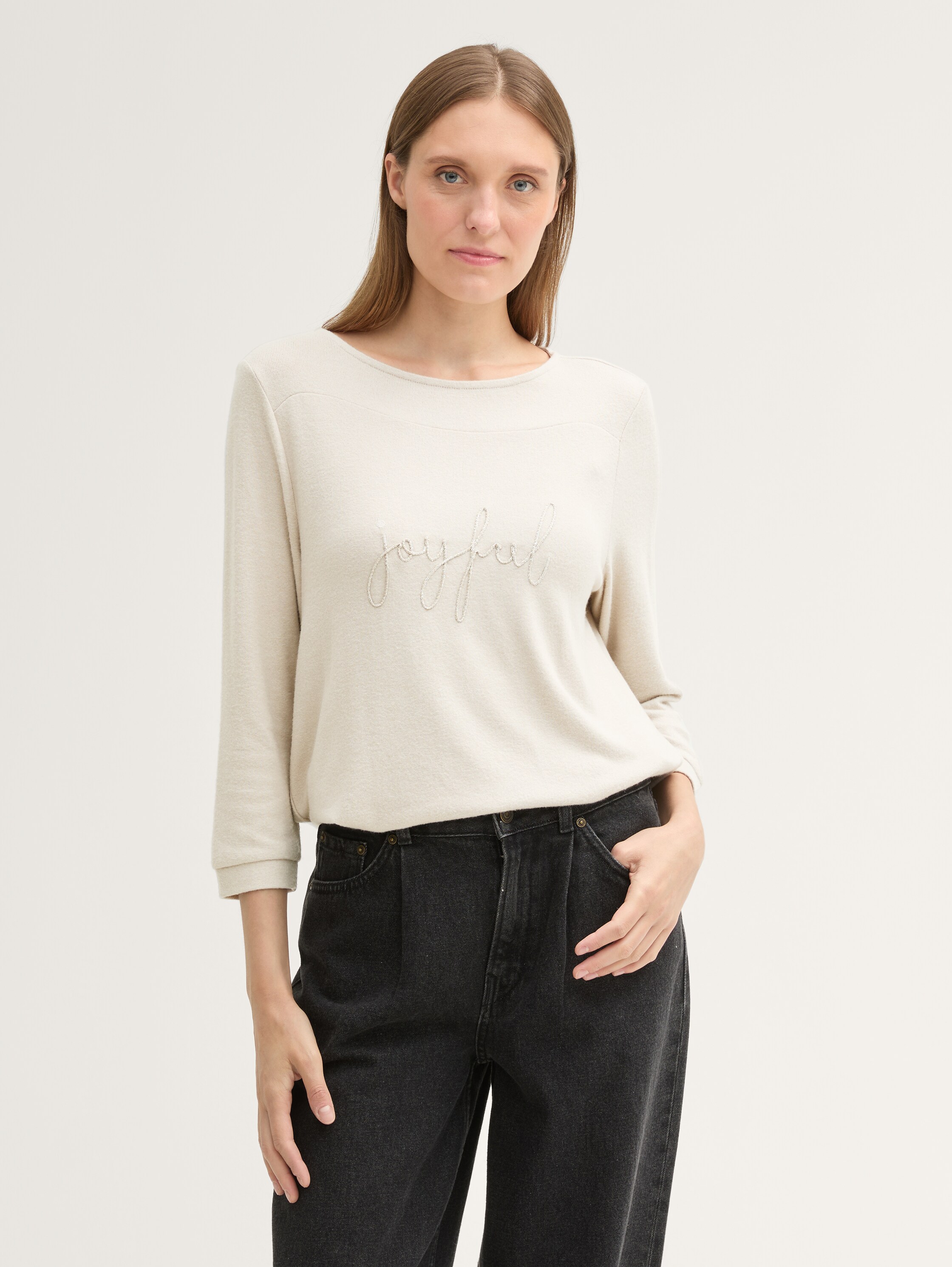 Soft-Touch Shirt mit Schriftzug - dusty_beige_melange - 