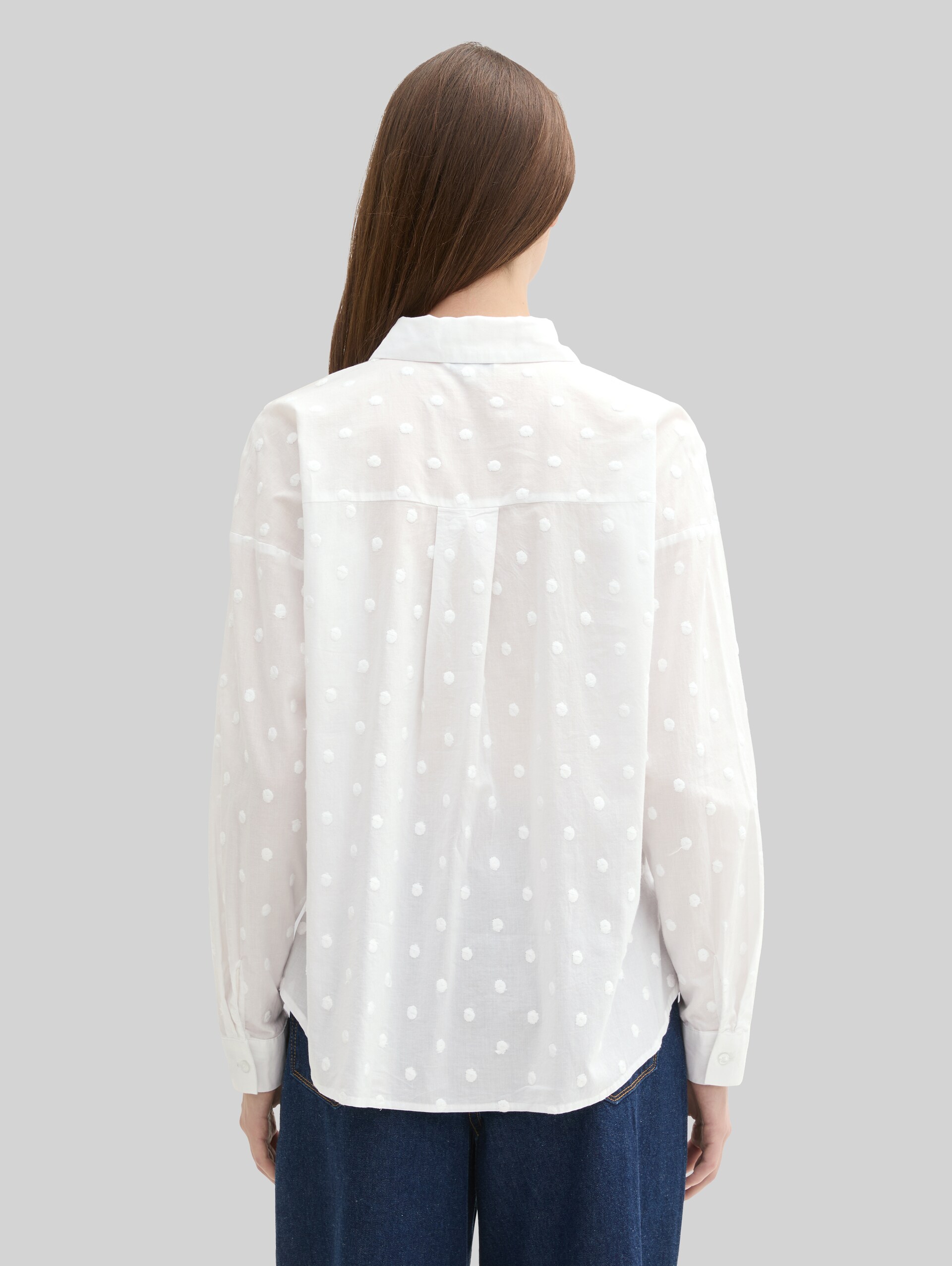 Shirt blouse with polka dot pattern - White - Neckline model-back view