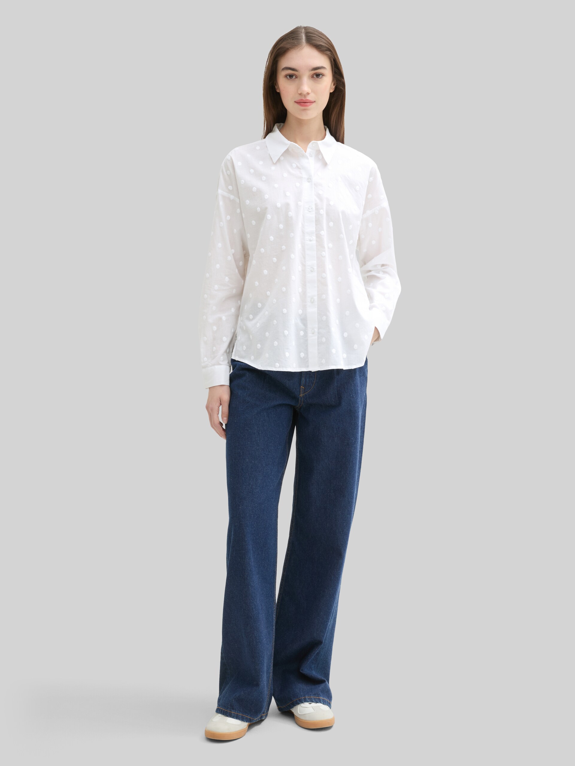 Shirt blouse with polka dot pattern - White - Model front view