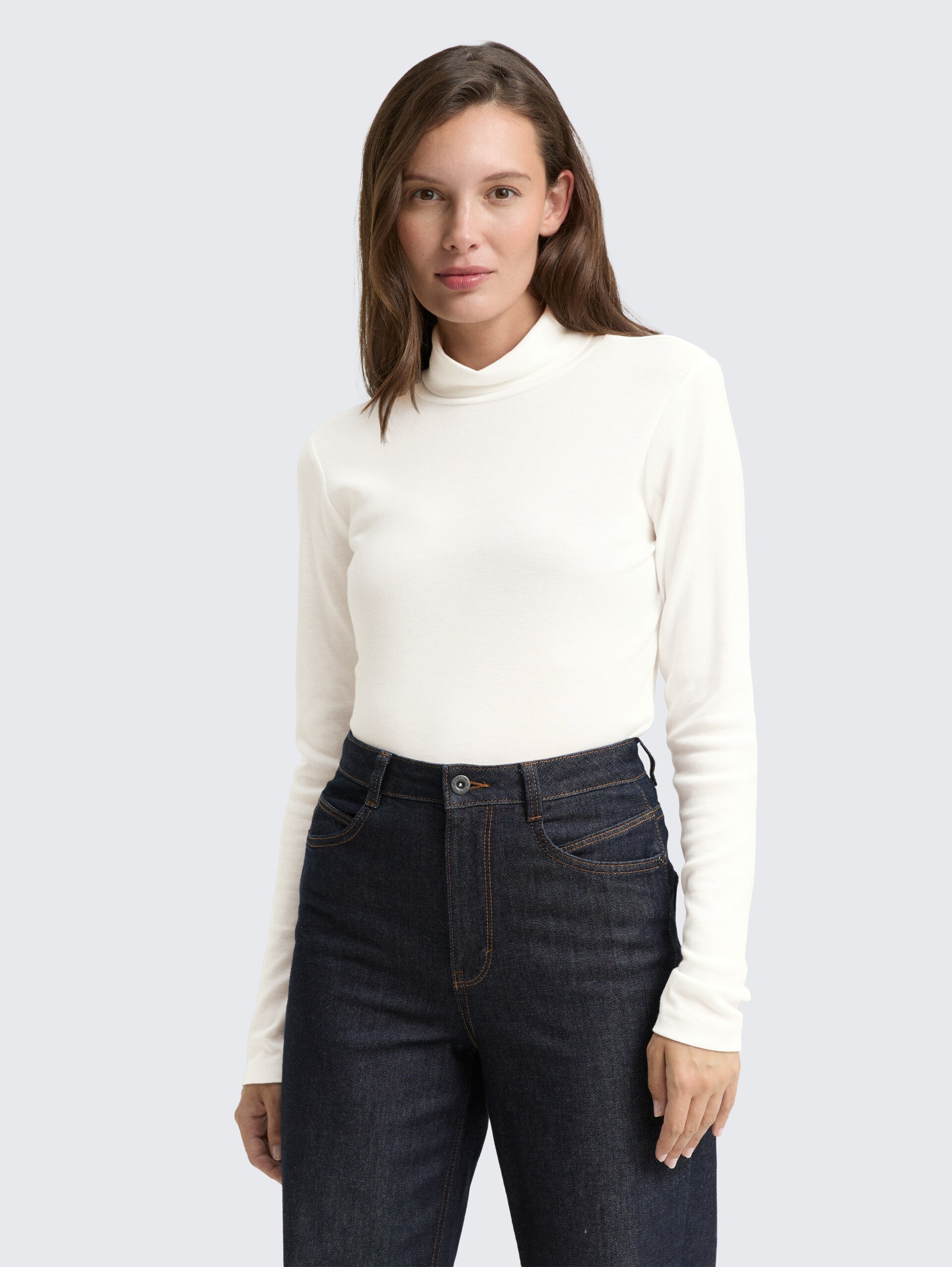 Shirt met lange mouwen en rolkraag - Whisper White - Nek model vooraanzicht