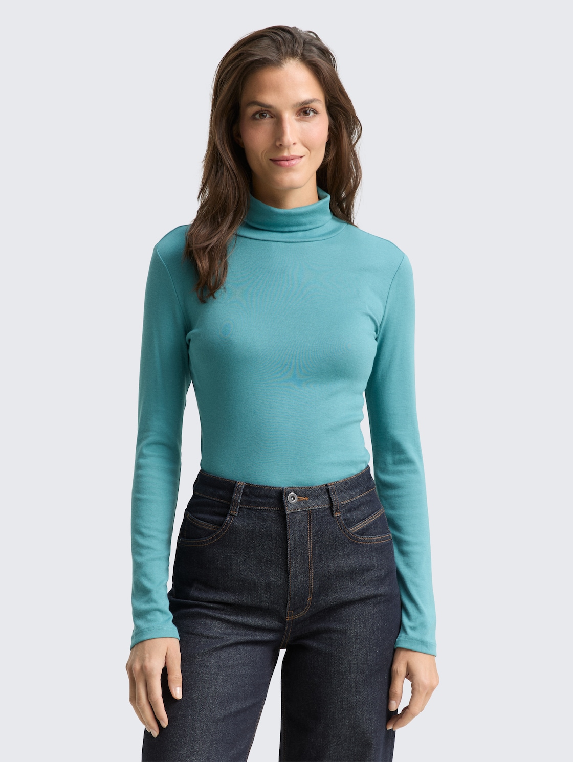 Langarmshirt mit Rollkragen - tropical teal - Ausschnitt Model-Vorderansicht