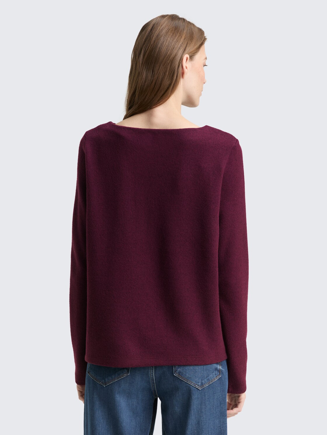 Soft-Touch Sweatshirt mit Knopf-Details - Dark Red Mélange - Auschnitt Model-Rückansicht