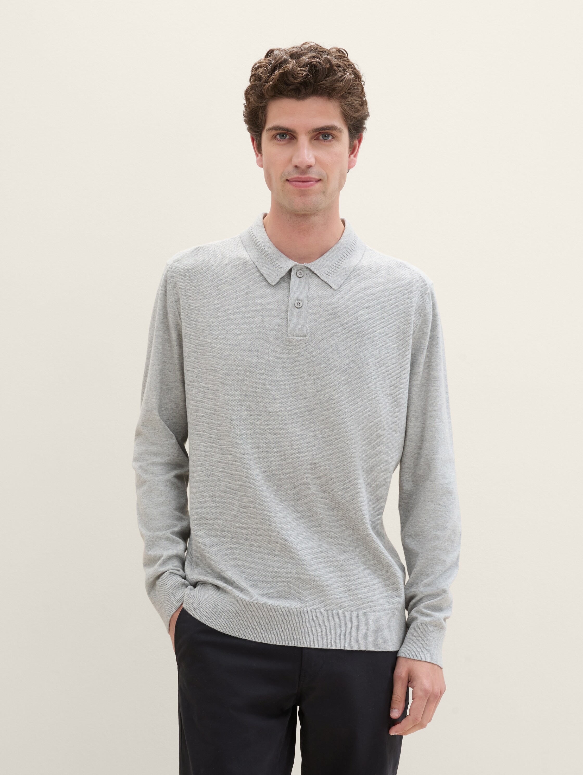 Long-sleeved knit polo shirt - grey_heather_melange - 
